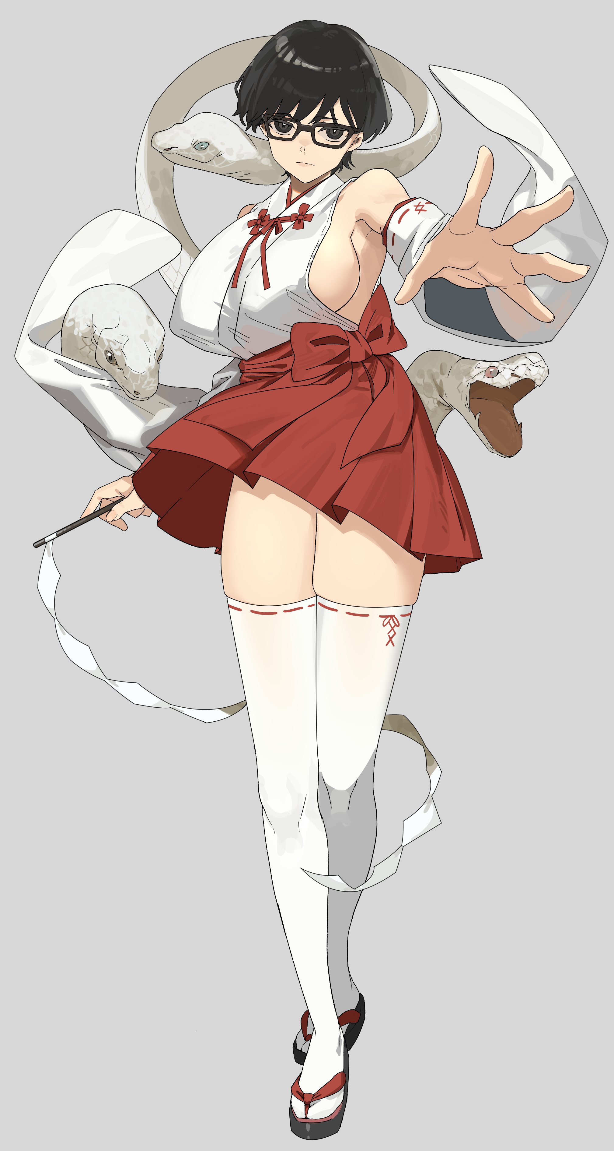 ingenkita, original, absurdres, commentary request, commission, highres, skeb commission, 1girl, bare shoulders, black-framed eyewear, black eyes, black hair, black sandals, borrowed character, breasts, closed mouth, detached sleeves, full body, glasses, gohei, grey background, hakama, hakama short skirt, hakama skirt, hand up, holding, holding gohei, huge breasts, japanese clothes, looking at viewer, miniskirt, nontraditional miko, outstretched arm, platform sandals, red ribbon, red skirt, ribbon, ribbon-trimmed sleeves, ribbon-trimmed thighhighs, ribbon trim, sandals, serious, short hair, sideboob, sideless kimono, simple background, skindentation, skirt, snake, solo, thighhighs, white sleeves, white snake, white thighhighs, wide sleeves, zettai ryouiki