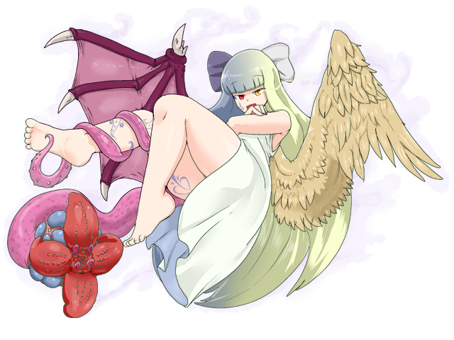 setouchi (blackse), black alice (mon-musu quest!), mon-musu quest!, mon-musu quest: paradox, game cg, variant set, 1girl, angel, angel wings, aura, barefoot, black alice (goddess of chaos) (mon-musu quest!), blonde hair, blue hair, crossed arms, dark aura, demon girl, demon wings, dress, eyes visible through hair, facial tattoo, feet up, floating, hair ribbon, half-closed eyes, heterochromia, long hair, multicolored hair, open mouth, purple ribbon, red eyes, ribbon, smile, split-color hair, tail, tattoo, tentacles, white dress, white ribbon, wings, yellow eyes