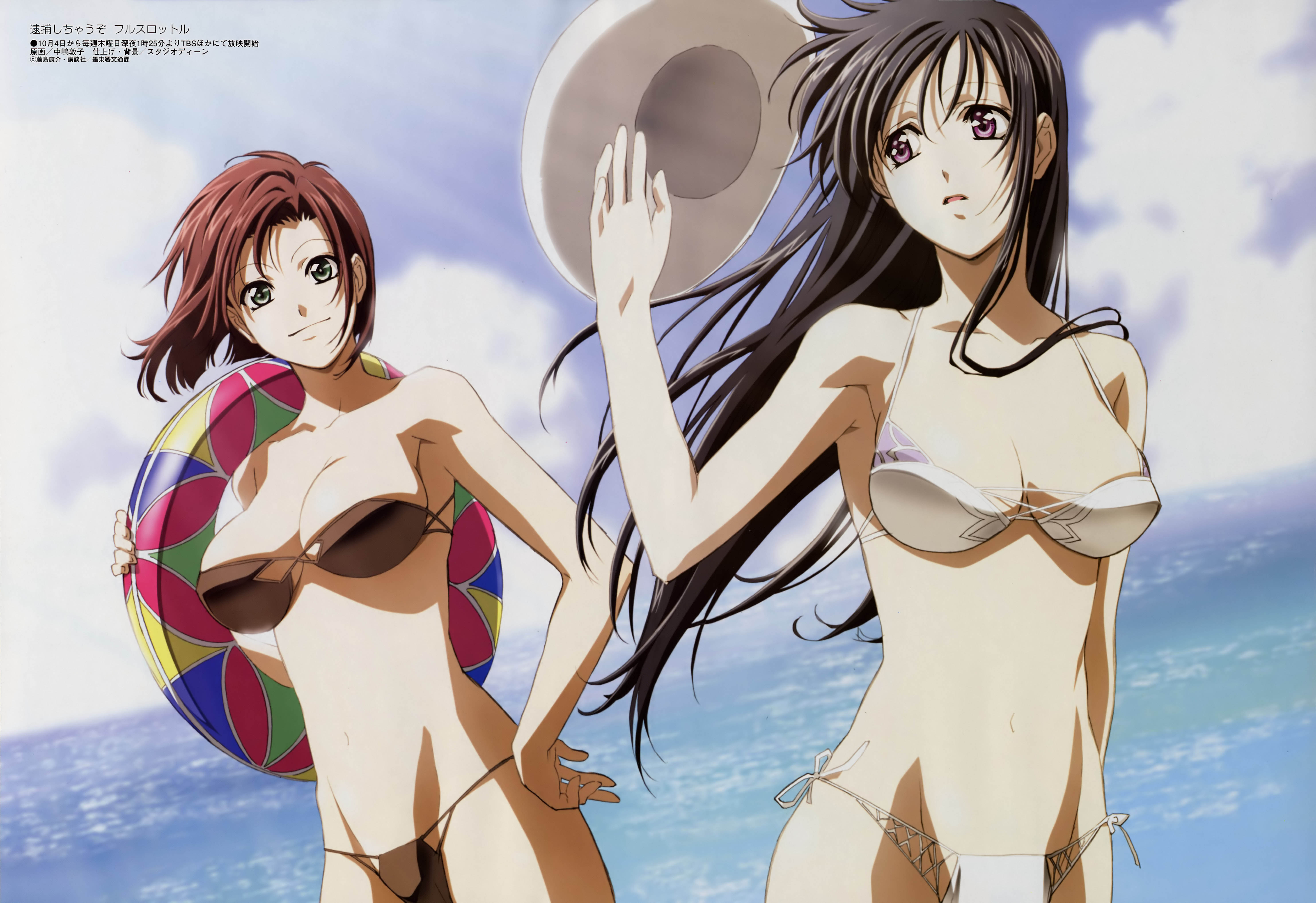 nakajima atsuko, kobayakawa miyuki, tsujimoto natsumi, megami magazine, taiho shichauzo, absurdres, duplicate, highres, official art, 1990s (style), 2girls, armpits, bandeau, beach, bikini, black hair, blue sky, breasts, brown bikini, brown hair, cloud, cowboy shot, cross-laced clothes, day, dutch angle, green eyes, groin, hand on own hip, hand up, hat, holding, innertube, large breasts, light rays, long hair, looking afar, lowleg, lowleg bikini, multiple girls, navel, ocean, outdoors, parted lips, purple eyes, retro artstyle, short hair, side-tie bikini bottom, sky, smile, sun hat, sunbeam, sunlight, swept bangs, swim ring, swimsuit, unworn hat, unworn headwear, water, white bikini, wide hips, wind