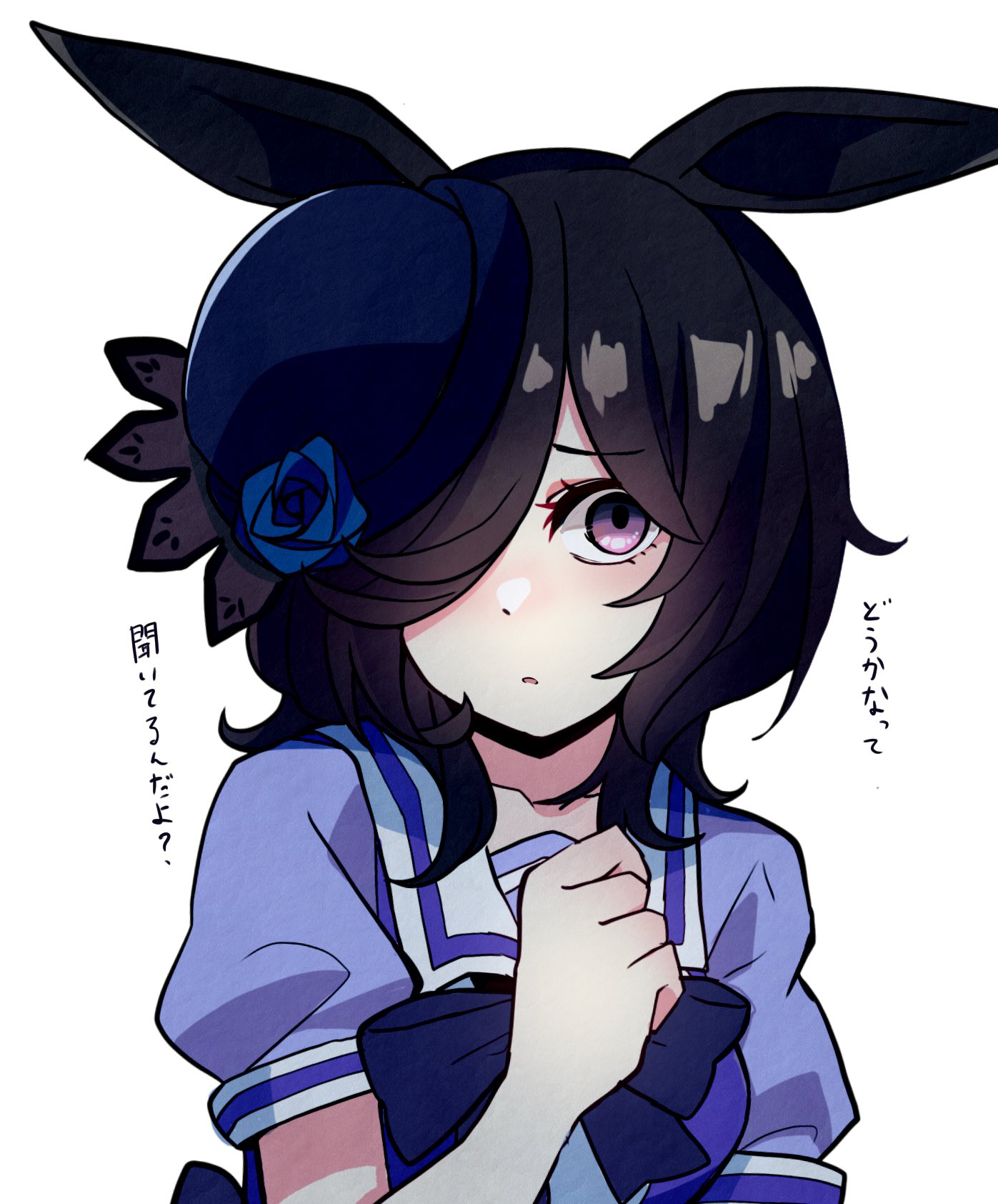 kawamochi (tddm3573), rice shower (umamusume), umamusume, highres, translation request, 1girl, animal ears, black hat, blue flower, blue rose, blush, bow, brown hair, flower, hair over one eye, hat, hat flower, horse ears, long hair, puffy short sleeves, puffy sleeves, purple bow, purple eyes, purple shirt, rose, school uniform, shirt, short sleeves, simple background, solo, tilted headwear, tracen school uniform, white background