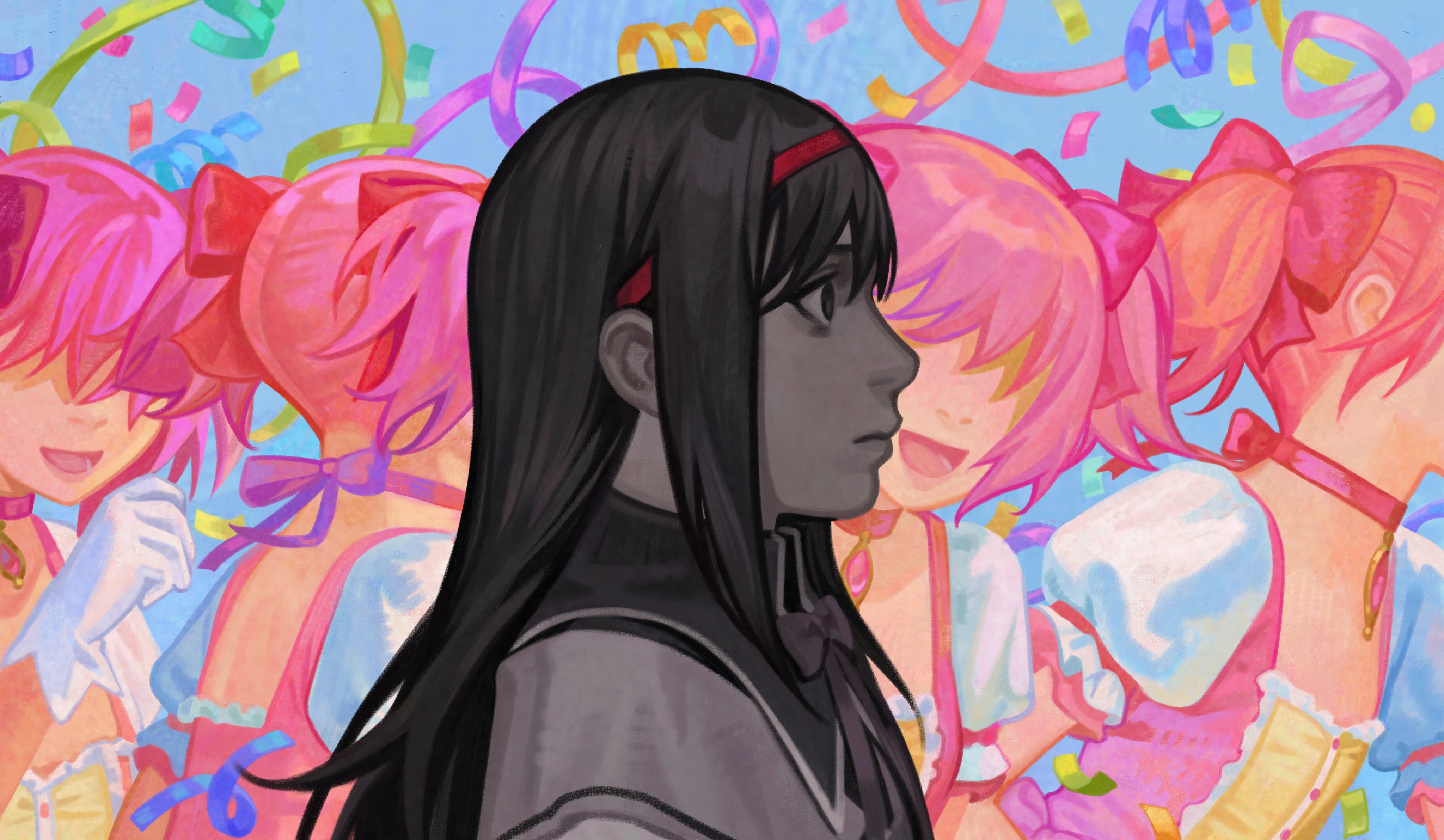 silverheather, akemi homura, akemi homura (magical girl), kaname madoka, kaname madoka (magical girl), mahou shoujo madoka magica, absurdres, highres, black hair, bow, bow choker, choker, confetti, from side, gloves, hair ribbon, long hair, open mouth, pink hair, puffy sleeves, red choker, ribbon, short twintails, smile, twintails, white gloves