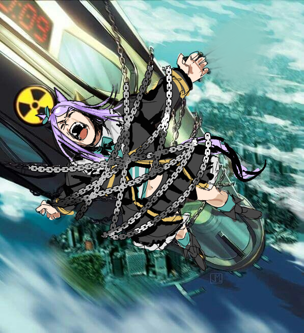 choripan, mejiro mcqueen (frontline elegance) (umamusume), mejiro mcqueen (umamusume), umamusume, 1girl, animal ears, aqua bow, aqua bowtie, aqua ribbon, black jacket, black skirt, blue shirt, blue socks, bow, bowtie, chain, chained, city, closed mouth, cloud, countdown timer, ear bow, ear ribbon, horse ears, horse girl, horse tail, jacket, long hair, long sleeves, meme, midriff, navel, nuclear weapon, open mouth, purple hair, radiation symbol, restrained, ribbon, rocket, screaming, shirt, shoes, shouting, skirt, sky, socks, solo, striped clothes, striped shirt, tail, water, white shirt, wolverine nuke (meme)