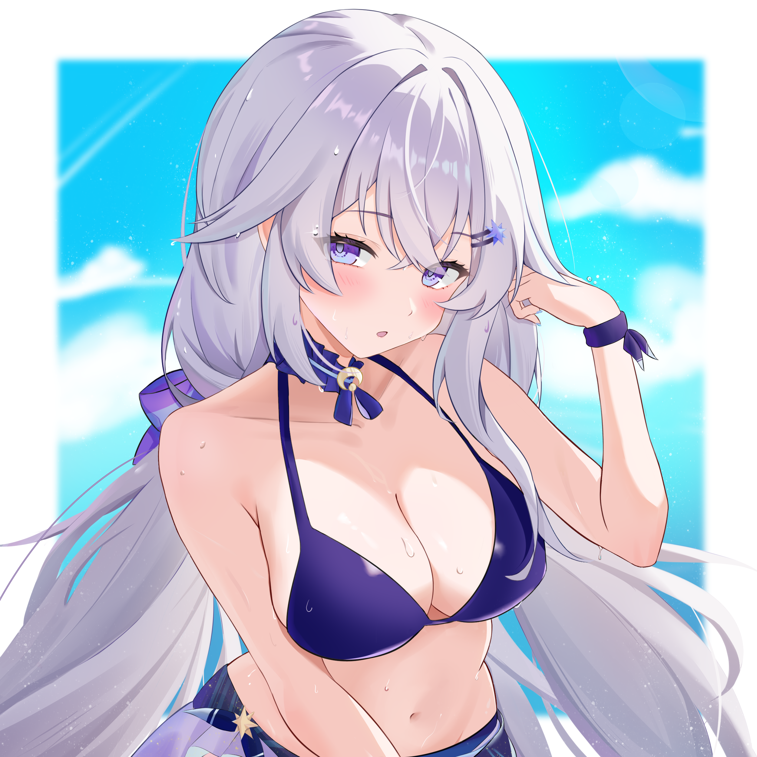 chokei, celestia (strinova), strinova, highres, 1girl, :o, adjusting hair, armpit crease, bare shoulders, blush, bow, breasts, celestia (stellar tide) (strinova), cleavage, cloud, collarbone, frills, hair between eyes, hair ornament, hairclip, halterneck, hand in own hair, hand up, head tilt, large breasts, long hair, looking at viewer, low twintails, moon (ornament), navel, open mouth, outdoors, purple eyes, sidelocks, sky, solo, stomach, sweatdrop, swimsuit, twintails, wet, white hair