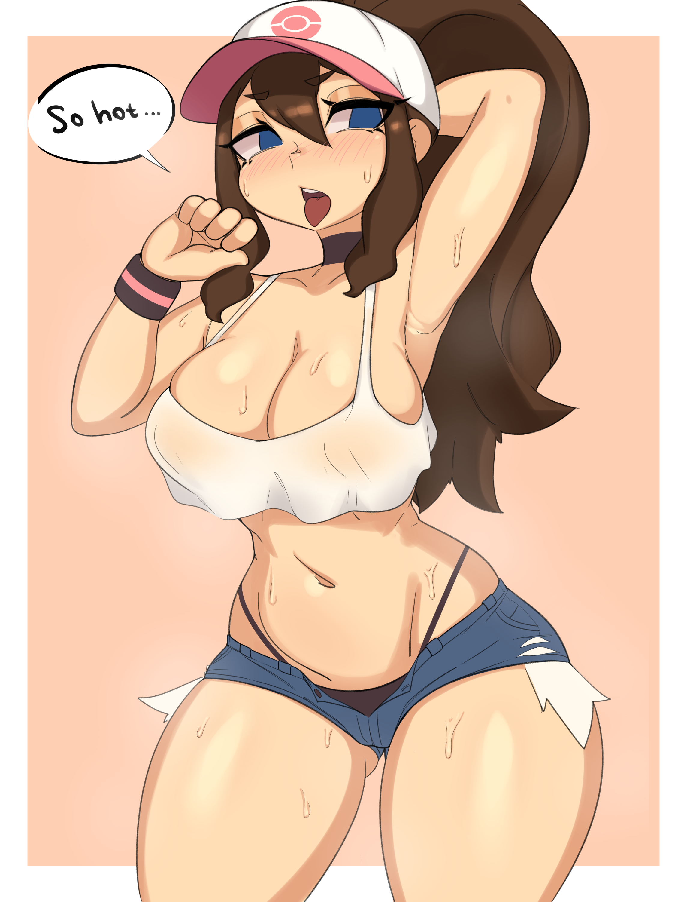 shnibbles, hilda (pokemon), nintendo, pokemon, pokemon bw, 1girl, arm behind head, armpits, baseball cap, black panties, blue eyes, blush, border, breasts, brown hair, choker, cleavage, collarbone, cowboy shot, gluteal fold, hat, large breasts, navel, no bra, open mouth, panties, ponytail, short shorts, shorts, sidelocks, simple background, solo, standing, sweat, tank top, tongue, tongue out, underwear, white border, white tank top, wristband