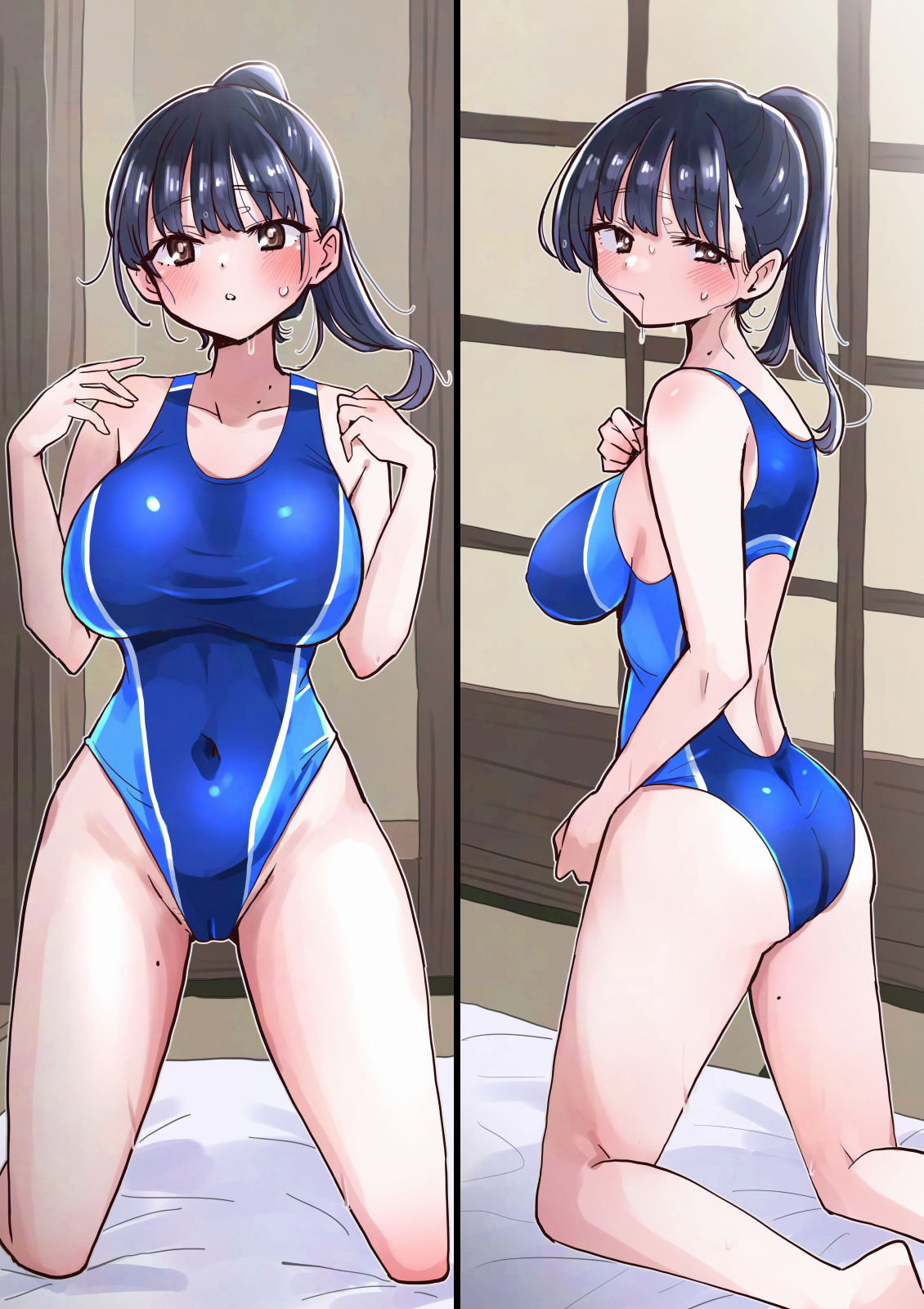 long28, yamada anna, boku no kokoro no yabai yatsu, variant set, 1girl, arm at side, ass, blue hair, blue one-piece swimsuit, blush, breasts, brown eyes, closed mouth, collarbone, covered navel, dot nose, embarrassed, eyelashes, feet out of frame, female focus, from behind, hand on own chest, hands up, indoors, kneeling, large breasts, looking at viewer, looking back, mole, mole on neck, mole on thigh, multiple views, one-piece swimsuit, parted lips, ponytail, swimsuit, teeth