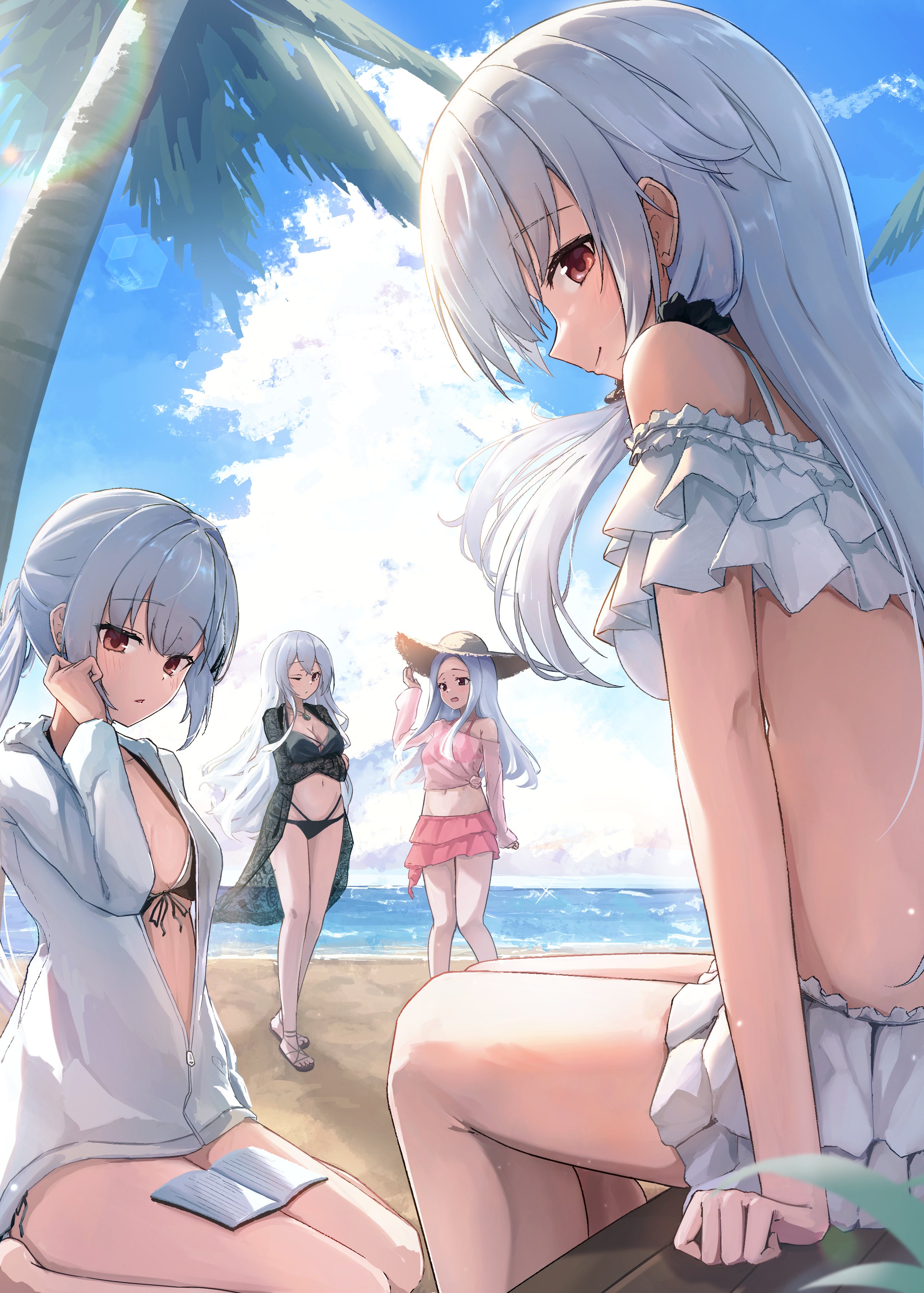 takoyaki032002, hakuchuumu no aojashin, absurdres, commentary request, highres, 4girls, arm at side, arm under breasts, backlighting, bare legs, bare shoulders, beach, bikini, black bikini, black scrunchie, blue sky, blush, book, breasts, cleavage, clenched hand, closed mouth, cloud, collarbone, cumulonimbus cloud, day, eyelashes, eyes visible through hair, feet out of frame, floating hair, forehead, frilled bikini, frills, front-tie bikini top, front-tie top, full body, glint, hair between eyes, hair ornament, hair scrunchie, hand up, hatano rin, jacket, jewelry, kaito (hakuchuumu no aojashin), large breasts, lens flare, long hair, looking at another, looking at viewer, momonouchi sumomo, multi-strapped bikini bottom, multiple girls, navel, necklace, off-shoulder bikini, off shoulder, one eye closed, open book, open clothes, open jacket, outdoors, palm tree, parted bangs, parted lips, partially unzipped, pink bikini, ponytail, profile, red eyes, sandals, scrunchie, sidelocks, sitting, sky, small breasts, smile, standing, stomach, sunlight, swimsuit, thighs, tree, very long hair, wariza, white bikini, white jacket, yonagi (hakuchuumu no aojashin), zipper