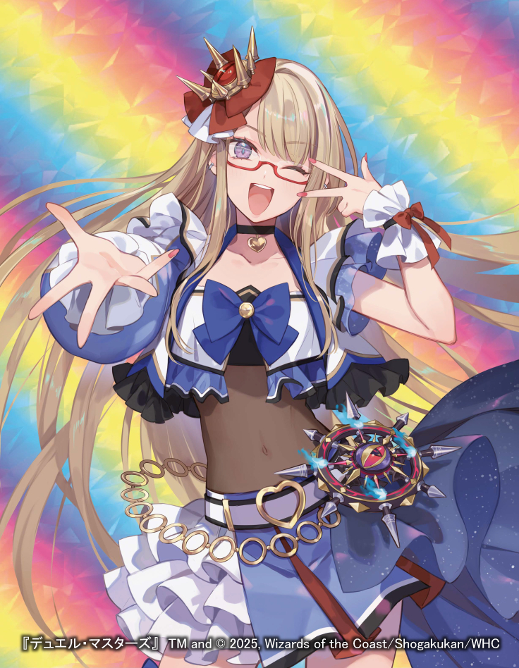 yuko (uc yuk), duel masters, character request, commentary request, official art, 1girl, ;d, black choker, brown hair, choker, collarbone, covered navel, glasses, hand up, heart, layered skirt, long hair, long sleeves, looking at viewer, nail polish, one eye closed, open mouth, pleated skirt, puffy long sleeves, puffy sleeves, purple eyes, rainbow background, red-framed eyewear, red nails, semi-rimless eyewear, single sleeve, skirt, smile, solo, teeth, under-rim eyewear, upper teeth only, v, v over eye, very long hair, white skirt, wrist cuffs