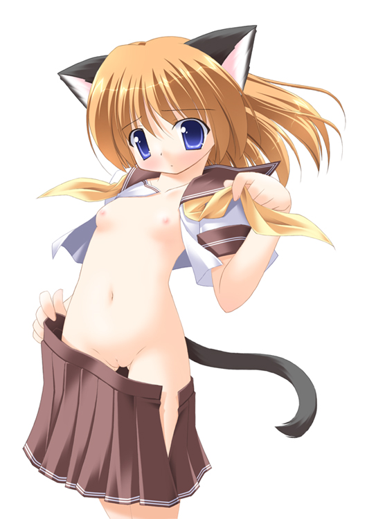 animal ears, breasts, cat ears, cat tail, loli, school uniform, serafuku, small breasts, tail, uncensored