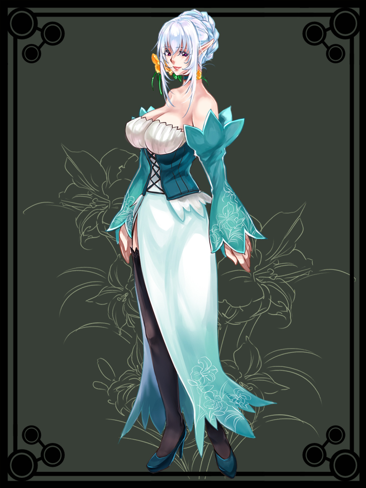 tamachi kuwa, pixiv fantasia, pixiv fantasia 2, braid, breasts, choker, cleavage, crown braid, detached sleeves, dress, large breasts, pointy ears, solo, thighhighs, white hair