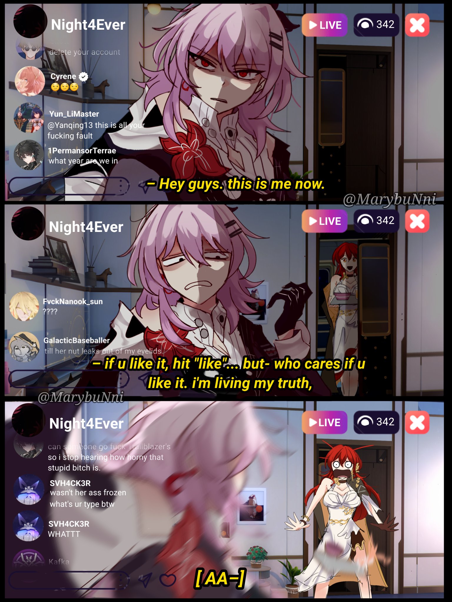 mmiklshaek, evernight (honkai: star rail), himeko (honkai: star rail), march 7th (honkai: star rail), addams family, honkai: star rail, honkai (series), commentary, english commentary, highres, 2girls, black flower, black gloves, blurry, blurry foreground, breasts, chat log, collarbone, dress, earrings, feet out of frame, flower, flower ornament, glass, gloves, hair between eyes, hair flower, hair ornament, hairclip, holding, holding tray, indoors, jewelry, livestream, long hair, long sleeves, looking at viewer, multiple girls, official alternate eye color, open mouth, outstretched arm, parker needler, pink hair, red eyes, red hair, smile, standing, surprised, teeth, tray, walk-in, white dress, yellow eyes