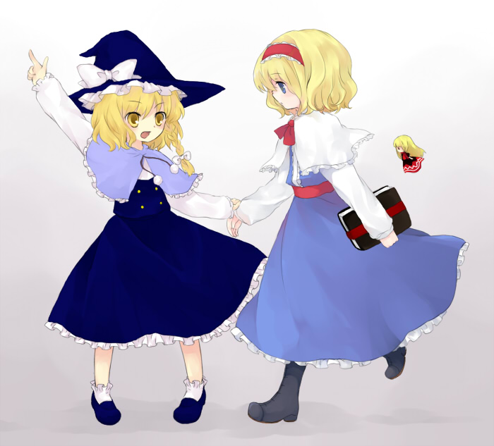sakaki chihiro, alice margatroid, kirisame marisa, shanghai doll, touhou, 2girls, :d, arm up, black dress, blonde hair, blue dress, book, braid, capelet, doll, dress, female focus, flying, grimoire, hat, multiple girls, open mouth, pantyhose, puffy short sleeves, puffy sleeves, short sleeves, single braid, size difference, smile, standing, witch hat