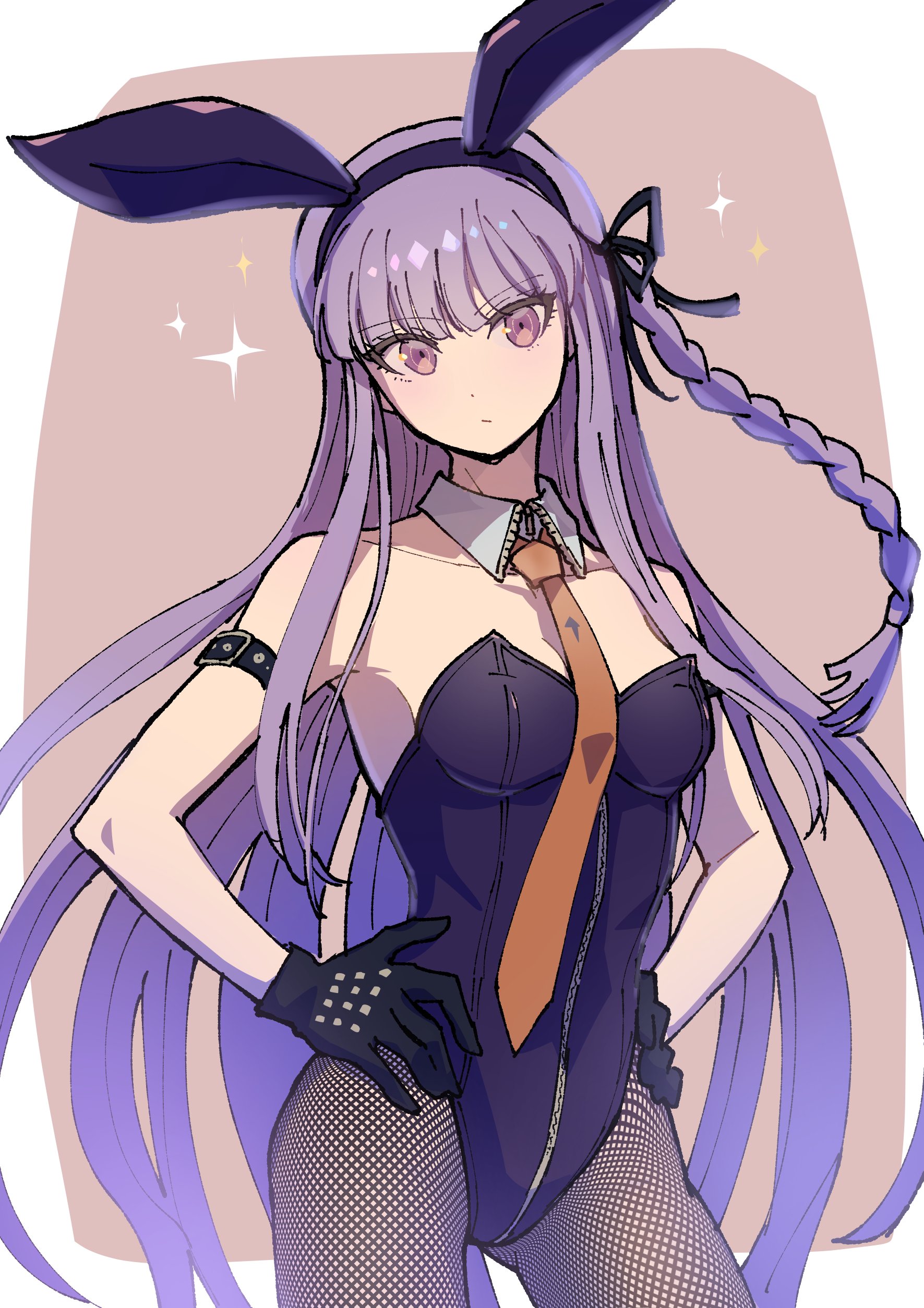 youko-shima, kirigiri kyoko, danganronpa: trigger happy havoc, danganronpa (series), absurdres, highres, 1girl, animal ears, bare shoulders, black gloves, braid, breasts, brown background, brown necktie, closed mouth, collared shirt, detached collar, fake animal ears, fishnet pantyhose, fishnets, gloves, long hair, looking at viewer, medium breasts, necktie, pantyhose, pink hair, rabbit ears, ribbon, shirt, side braid, solo, sparkle, white background