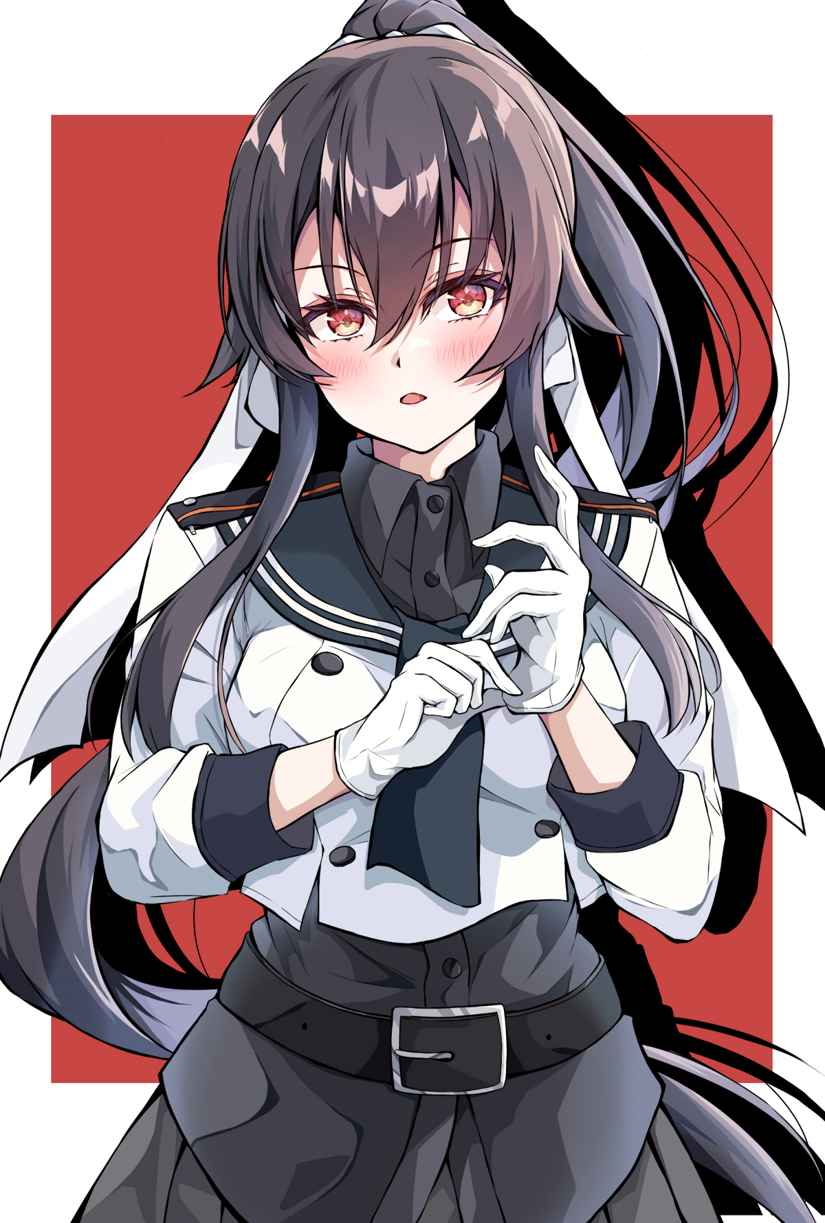 dairyo3, yahagi (kancolle), yahagi kai ni (kancolle), kantai collection, highres, 1girl, belt, black hair, black sailor collar, black skirt, blush, breasts, brown eyes, gloves, hair between eyes, large breasts, long hair, open mouth, pleated skirt, ponytail, red background, red eyes, ribbon, sailor collar, school uniform, shirt, skirt, solo, very long hair, white background, white gloves, white shirt