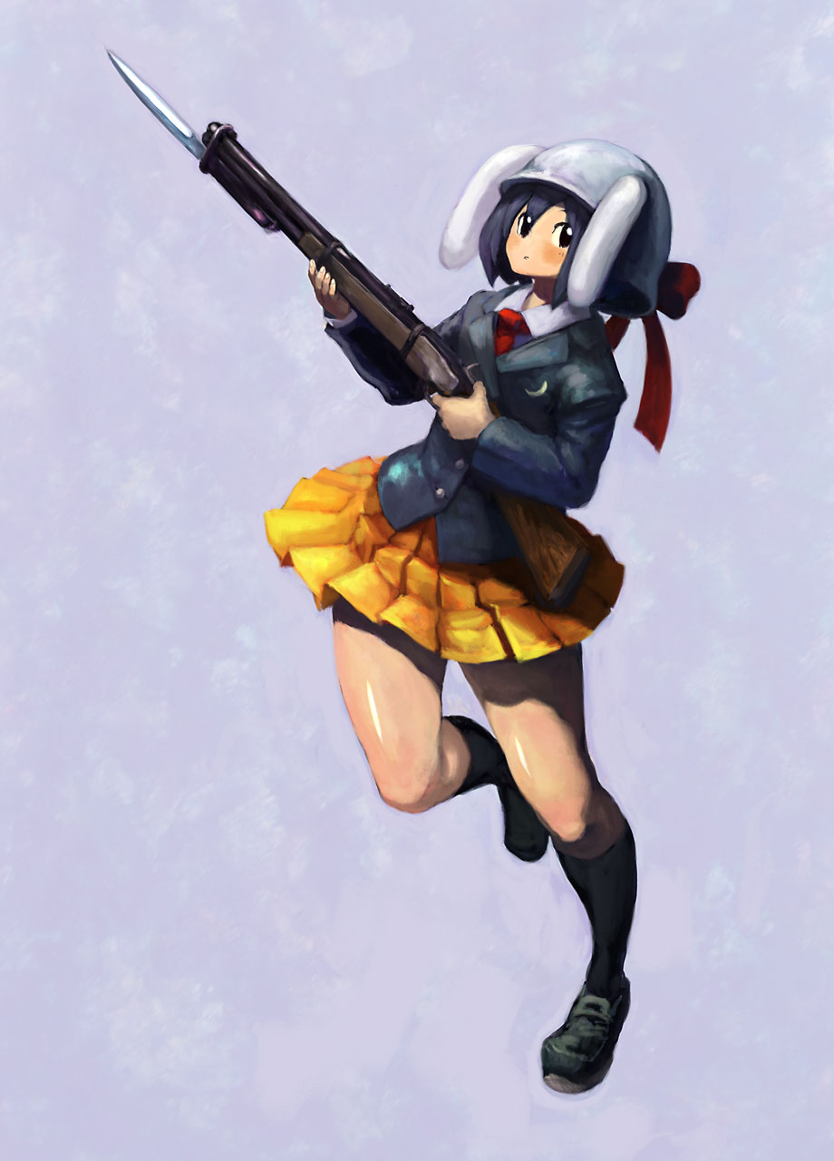 binayu, reisen, touhou, uniform, highres, 1girl, animal ears, female focus, full body, gun, helmet, rabbit ears, rifle, solo, standing, weapon
