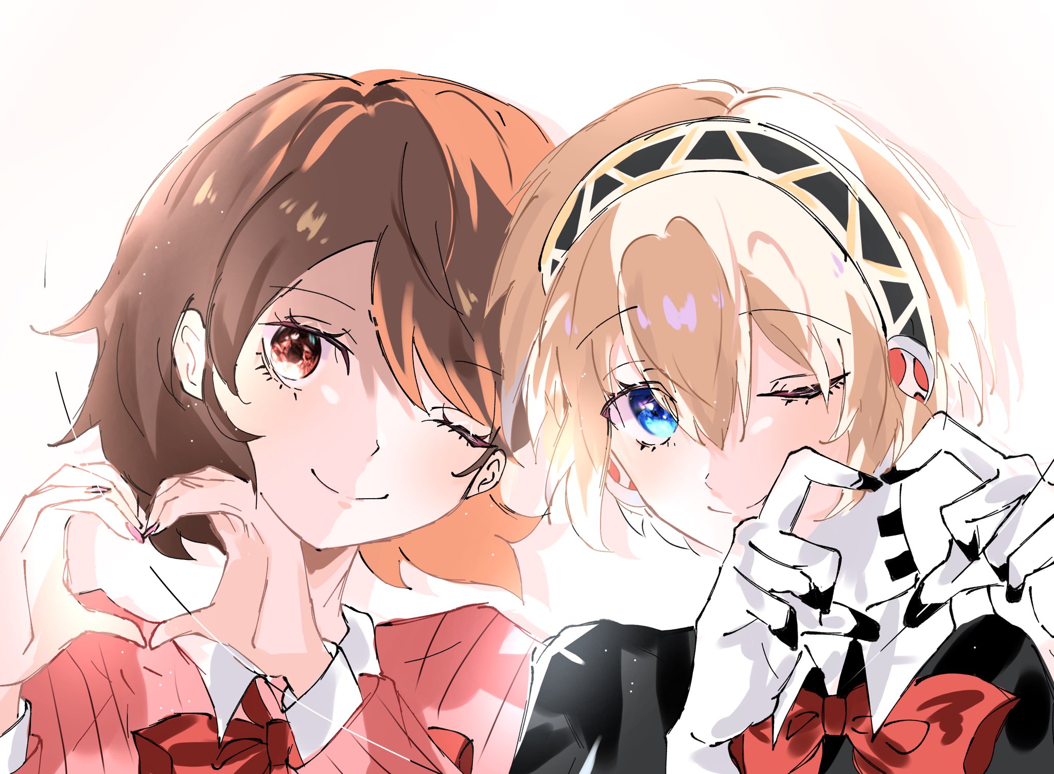 aigis (persona), takeba yukari, persona, persona 3, commentary, highres, symbol-only commentary, 2girls, android, black jacket, blonde hair, blue eyes, bow, brown eyes, brown hair, closed mouth, gekkoukan high school uniform, gold hairband, hair between eyes, hairband, heart, heart hands, jacket, kaito ikeuchi, leaning to the side, long sleeves, looking at viewer, mechanical hands, multiple girls, one eye closed, parted bangs, pink sweater, portrait, red bow, robot ears, school uniform, short hair, simple background, smile, sweater, white background