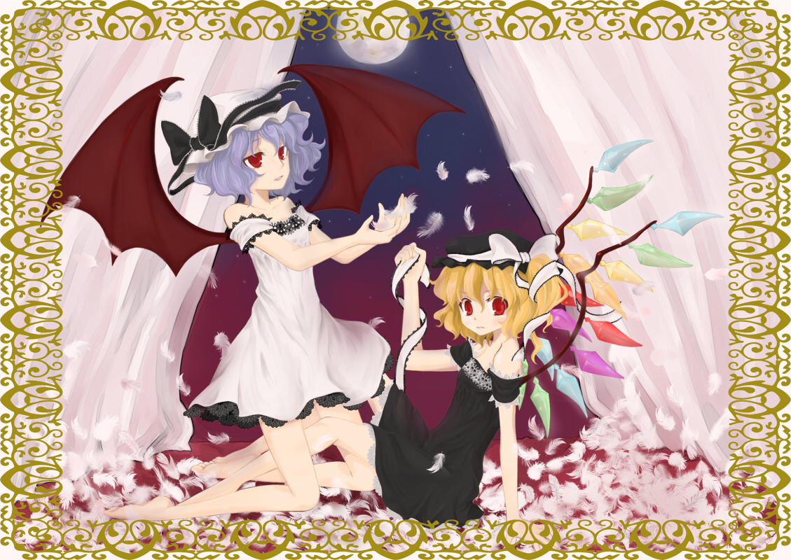 ozawa, flandre scarlet, remilia scarlet, touhou, light purple hair, looking away, 2girls, alternate costume, arms up, asymmetrical hair, bare shoulders, barefoot, bat wings, blonde hair, border, bow, curtains, dress, feathers, female focus, frills, full moon, hat, hat ribbon, kneeling, looking at viewer, mob cap, moon, multiple girls, parted lips, red eyes, ribbon, short hair, siblings, side ponytail, sisters, sitting, sky, star (sky), starry sky, wings