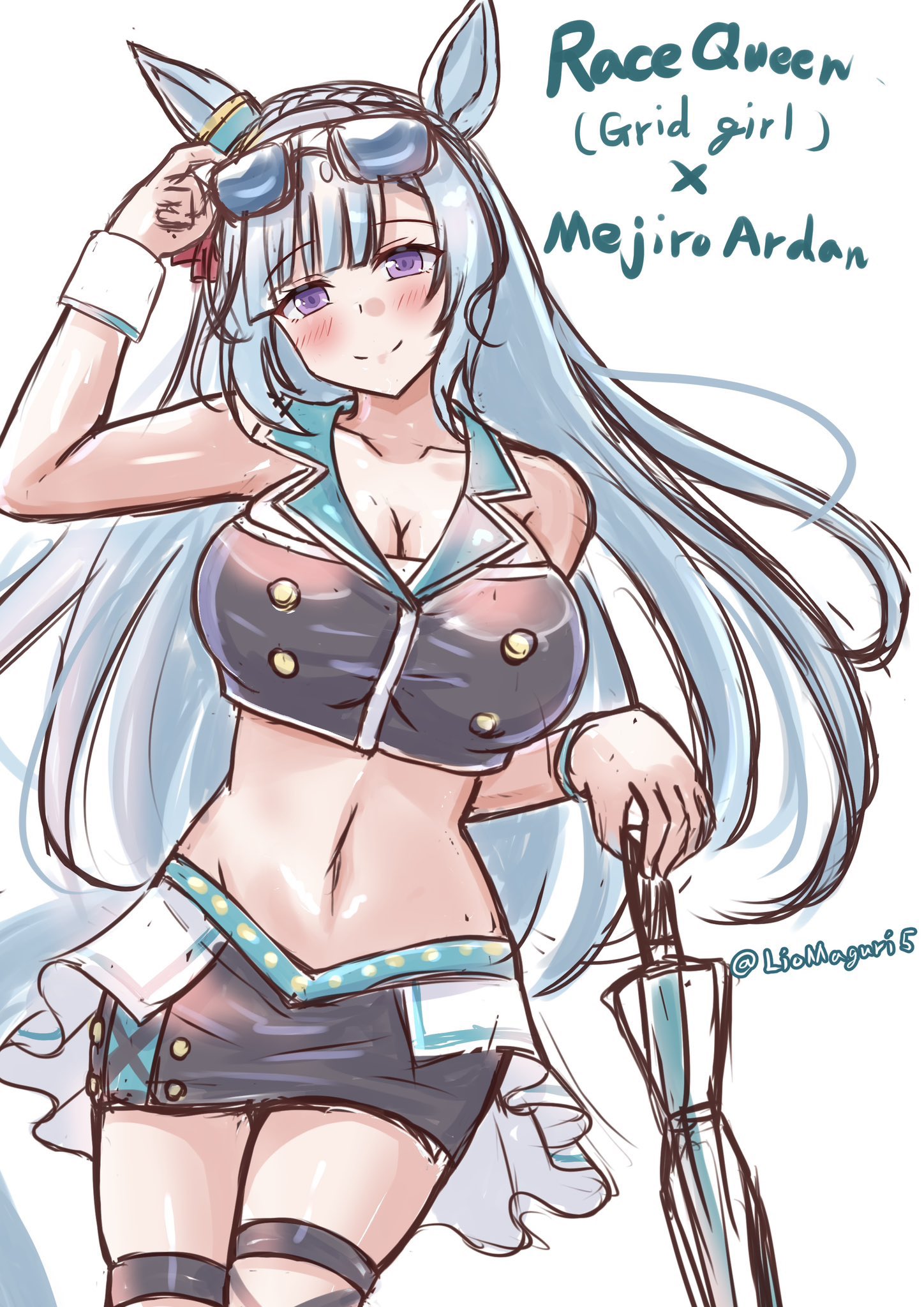 rio (lio yuzu), mejiro ardan (umamusume), umamusume, highres, 1girl, alternate costume, animal ears, bare shoulders, black skirt, black tube top, blue hair, blush, bow, braid, breasts, cleavage, closed mouth, collarbone, crop top, cropped shirt, crown braid, ear ornament, ear ribbon, english text, eyewear on head, holding, holding umbrella, horse ears, horse girl, horse tail, large breasts, long hair, looking at viewer, midriff, navel, purple eyes, race queen, simple background, skirt, smile, solo, strapless, sunglasses, tail, thigh strap, tube top, umbrella, wrist cuffs