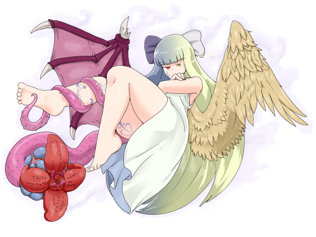setouchi (blackse), black alice (mon-musu quest!), mon-musu quest!, mon-musu quest: paradox, game cg, variant set, 1girl, angel, angel wings, annoyed, aura, barefoot, black alice (goddess of chaos) (mon-musu quest!), blonde hair, blue hair, closed mouth, crossed arms, dark aura, demon girl, demon wings, dress, eyes visible through hair, facial tattoo, feet up, floating, hair ribbon, heterochromia, long hair, multicolored hair, purple ribbon, red eyes, ribbon, split-color hair, tail, tattoo, tentacles, white dress, white ribbon, wings, yellow eyes