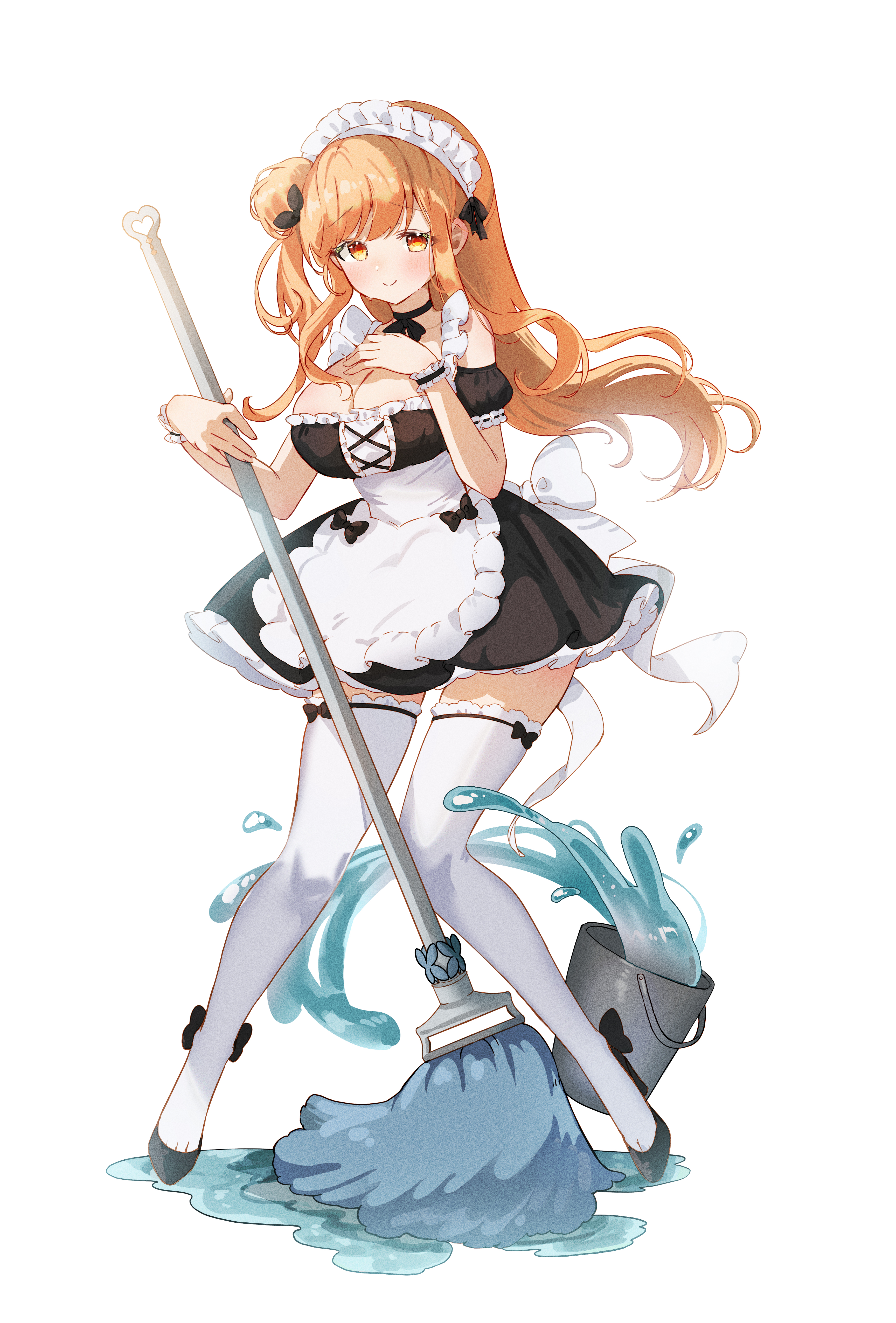 ash (cat7evy), tia (black survival), black survival, eternal return: black survival, absurdres, commission, highres, korean commentary, pixiv commission, 1girl, ||/, alternate breast size (larger), ankle bow, ankle ribbon, apron, asymmetrical hair, bare shoulders, black bow, black dress, black ribbon, black shoes, black sleeves, bow, breasts, bucket, bucket of water, cleavage, closed eyes, detached sleeves, dot nose, dress, floating hair, frilled apron, frilled headwear, frills, full body, hair bow, hair ornament, hair ribbon, hand on own chest, high heels, holding, holding mop, large breasts, legs apart, light blush, long hair, looking at viewer, maid, maid apron, maid headdress, mop, orange hair, parted bangs, ribbon, shadow, shoes, short sleeves, side ponytail, simple background, smile, solo, thighhighs, toe cleavage, white apron, white background, white bow, white thighhighs, wrist cuffs, yellow eyes