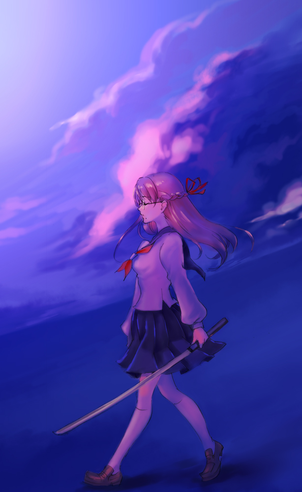 tamachi kuwa, 1girl, brown hair, closed eyes, cloud, female focus, full body, glasses, katana, long hair, mole, outdoors, profile, school uniform, serafuku, shoes, skirt, sky, socks, solo, sword, walking, weapon