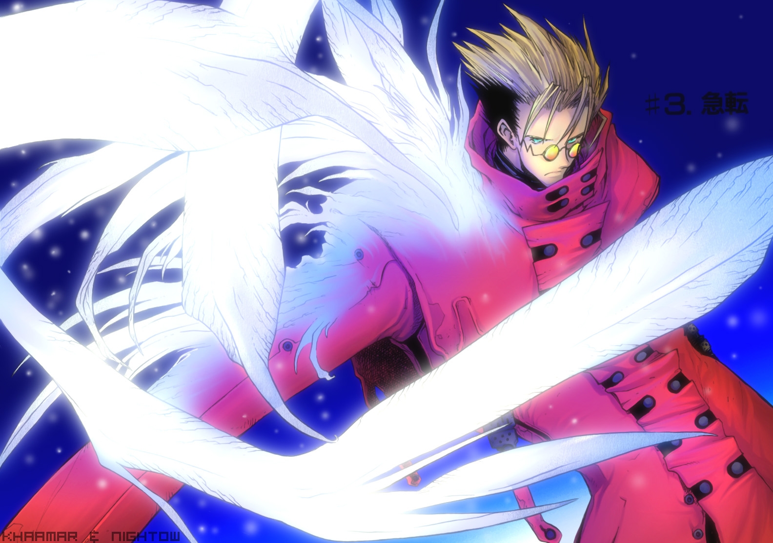 vash the stampede, trigun, 1boy, aqua eyes, black hair, blonde hair, coat, feathers, gloves, high collar, long coat, male focus, manly, multicolored hair, red coat, serious, short hair, solo, spiked hair, sunglasses, two-tone hair