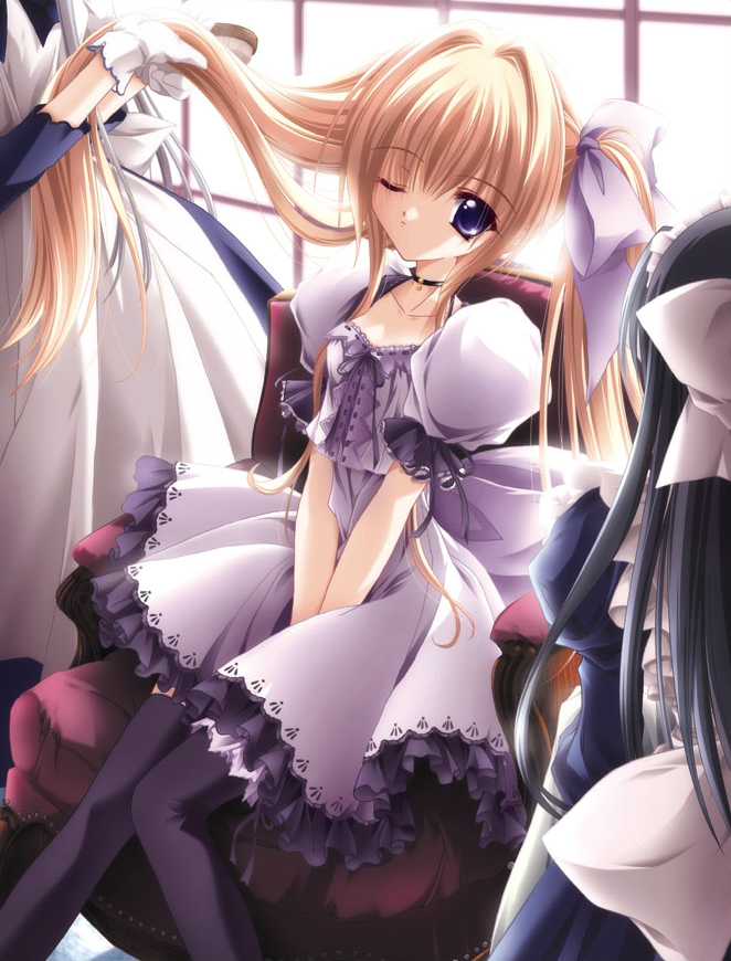 artist request, character request, copyright request, tagme, blonde hair, blue eyes, bow, twintails