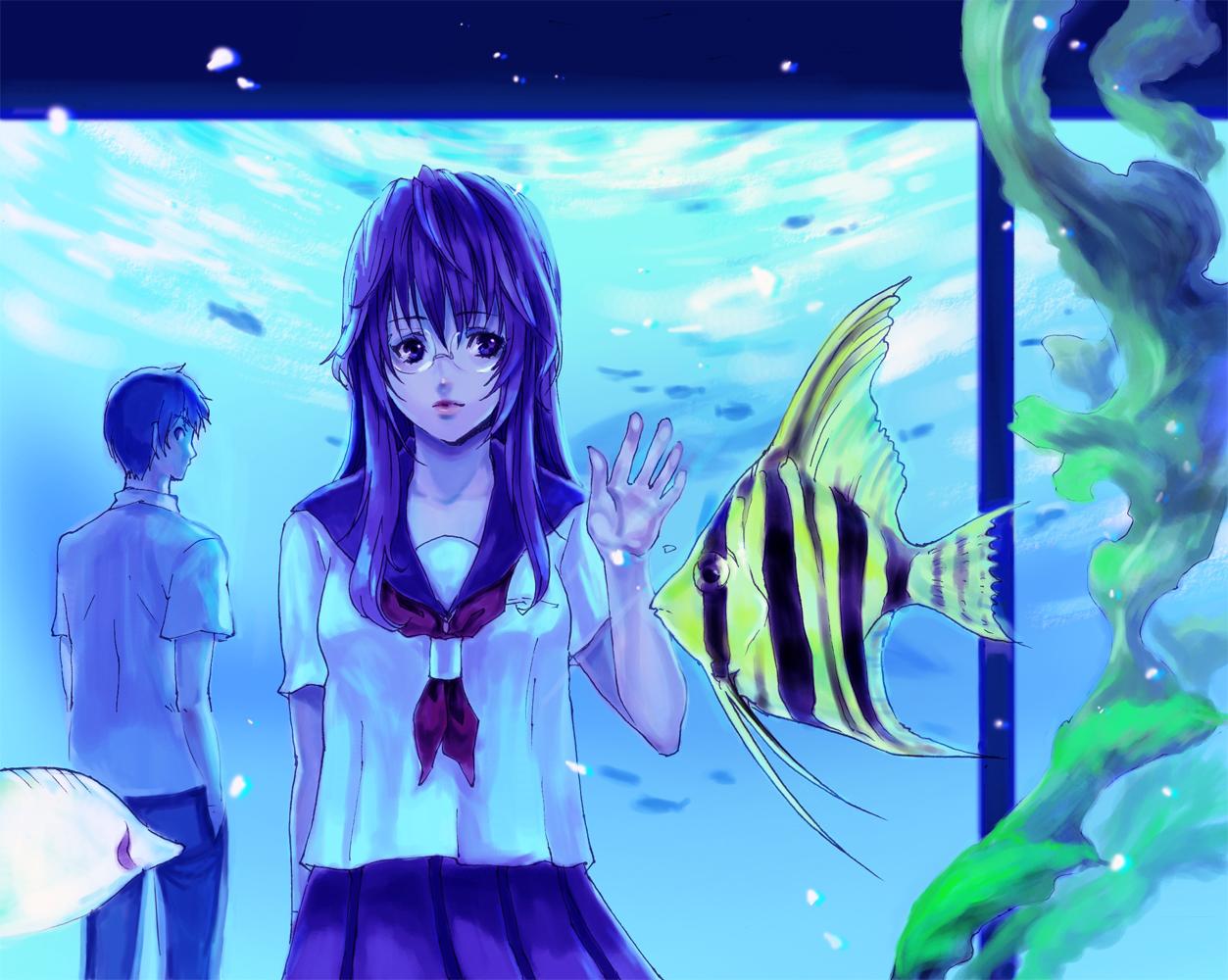 tamachi kuwa, original, 1boy, 1girl, aquarium, fish, fish tank, glasses, indoors, long hair, moorish idol, purple eyes, school uniform, serafuku, standing, water