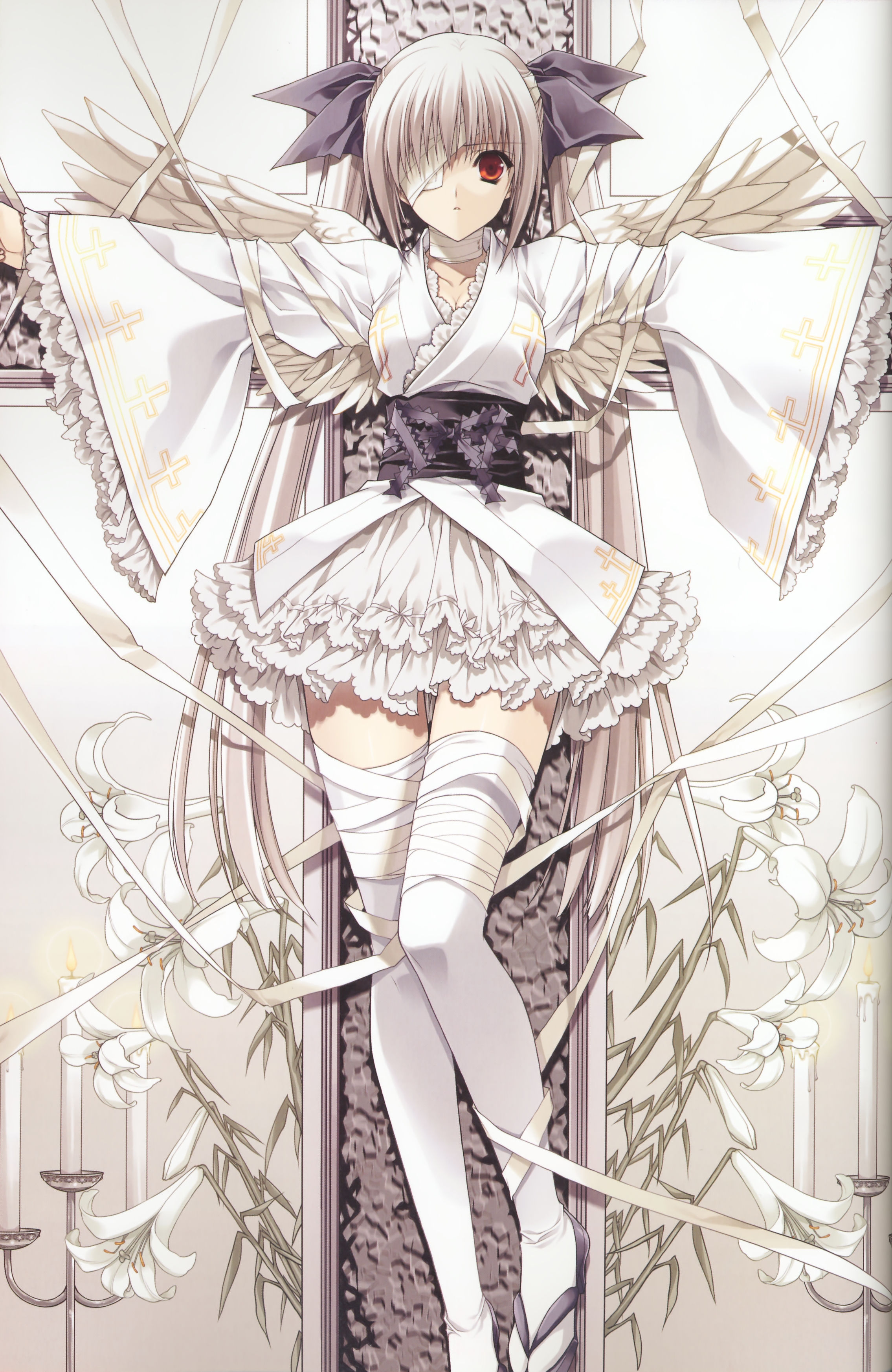 absurdres, highres, angel, bandages, candle, cross, crucifixion, eyepatch, flower, frills, long hair, thighhighs, twintails, white hair, wings