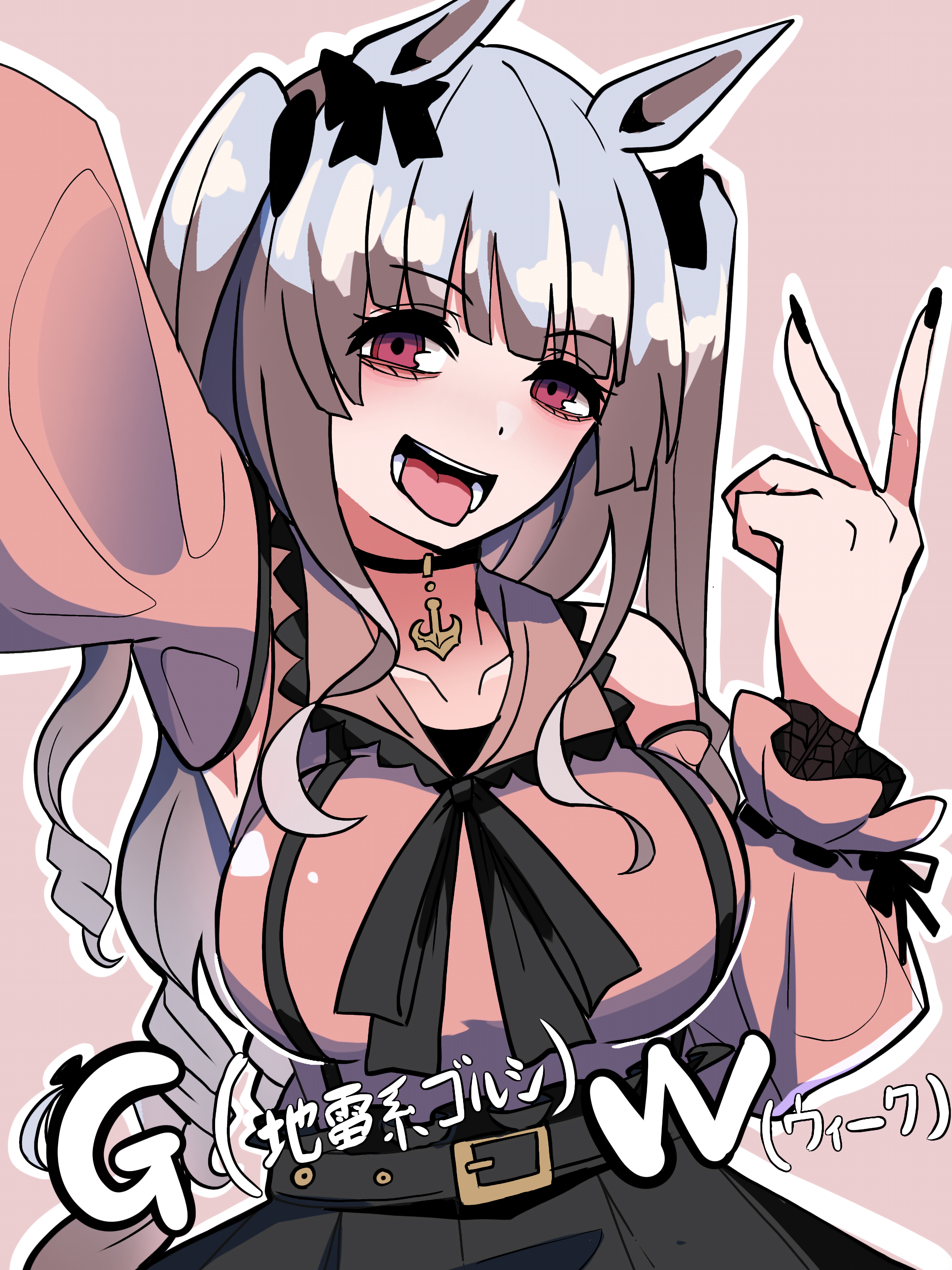kawamochi (tddm3573), gold ship (umamusume), umamusume, absurdres, highres, translation request, 1girl, :d, animal ears, bare shoulders, black bow, black nails, black skirt, bow, breasts, brown background, collarbone, detached sleeves, ear bow, grey hair, hair bow, hand up, high-waist skirt, horse ears, large breasts, long hair, long sleeves, looking at viewer, nail polish, open mouth, outline, pink shirt, pink sleeves, pleated skirt, puffy long sleeves, puffy sleeves, reaching, reaching towards viewer, red eyes, ringlets, selfie, shirt, simple background, skirt, sleeveless, sleeveless shirt, smile, solo, tongue, tongue out, two side up, v, very long hair, white outline