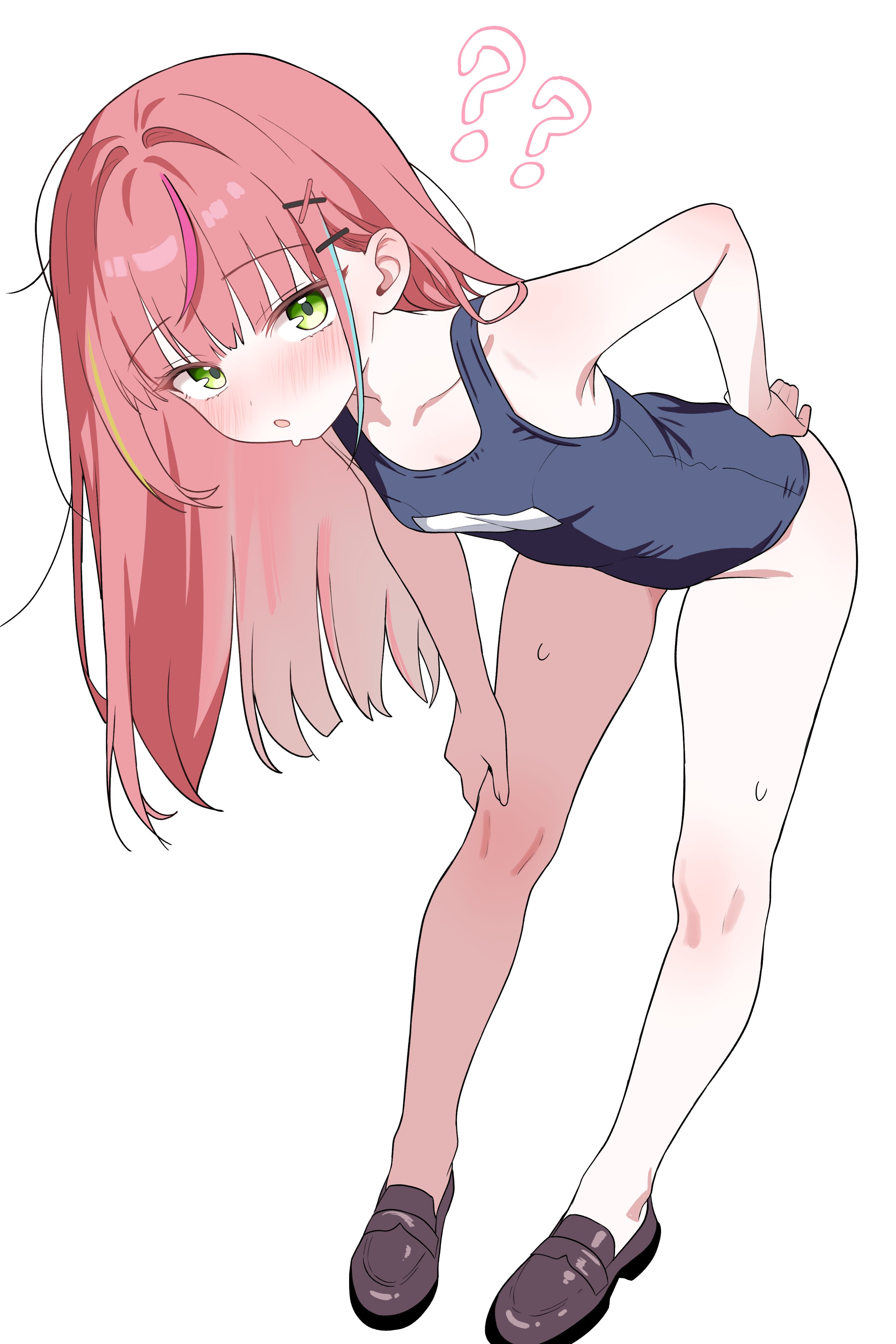 saho 4545, hanako nana, stellive, absurdres, highres, 1girl, blue one-piece swimsuit, blue streaks, breasts, green eyes, hair ornament, hairclip, leaning forward, long hair, looking at viewer, multicolored hair, name tag, old school swimsuit, one-piece swimsuit, open mouth, pink hair, pink streaks, school swimsuit, shoes, simple background, small breasts, solo, streaked hair, swimsuit, very long hair, virtual youtuber, white background