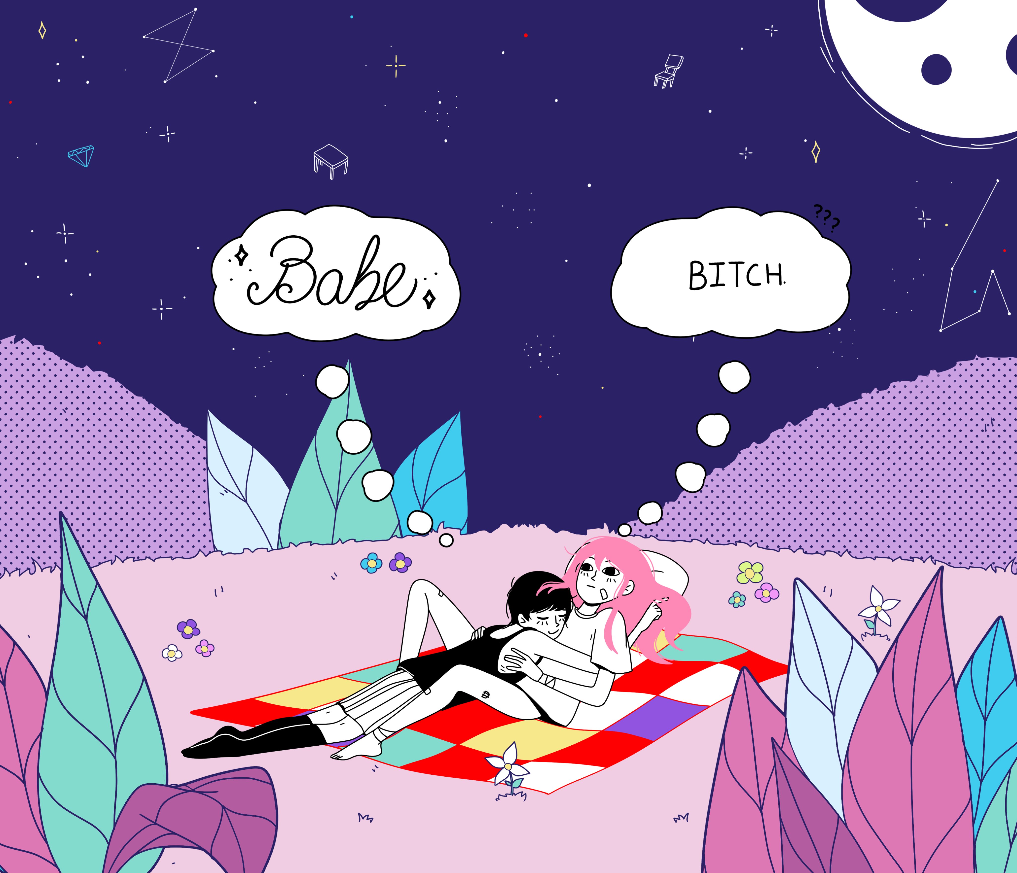 omori, absurdres, highres, 1boy, 1girl, black eyes, black hair, blush, dress, english text, long hair, omoriboy, pink hair, short hair, yzomiris