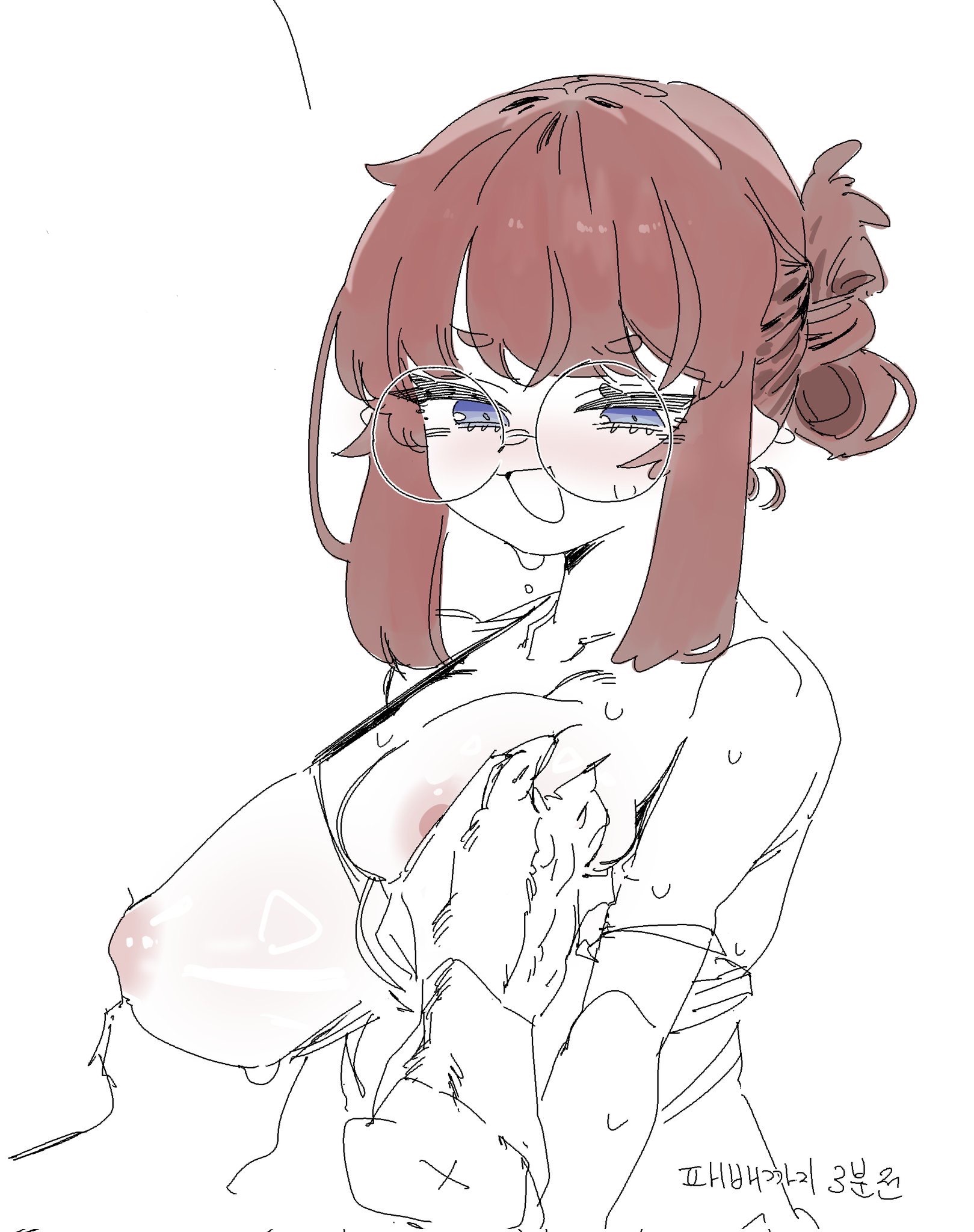 highres, non-web source, blue eyes, breast sucking, breasts, brown hair, glasses, grabbing another's breast, groping, nipples, samsick