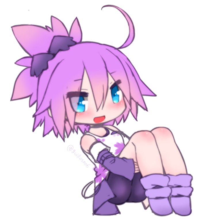 urchin alma, emil chronicle online, 1girl, ahoge, bike shorts, blue eyes, blush, boots, bow, chibi, detached sleeves, guillosno6, hair bow, half-skirt, hugging own legs, open mouth, purple bike shorts, purple boots, purple bow, purple skirt, purple sleeves, shirt, skirt, sleeveless, sleeveless shirt, solo, spiked hair, white background, white shirt