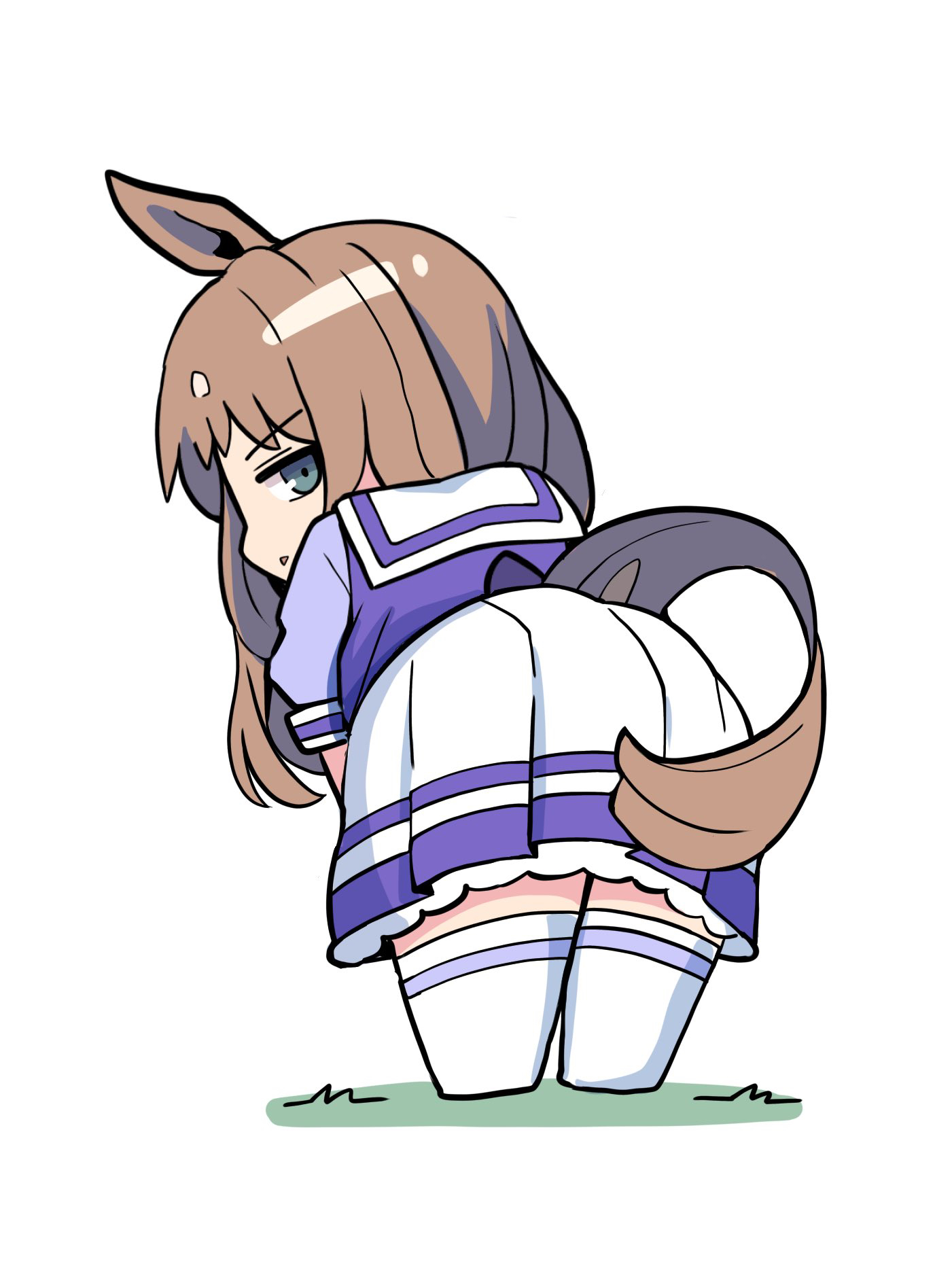 kawamochi (tddm3573), grass wonder (umamusume), umamusume, highres, 1girl, animal ears, ass, blue eyes, brown hair, from behind, horse ears, horse girl, horse tail, leaning forward, looking at viewer, looking back, multicolored hair, parted lips, pleated skirt, puffy short sleeves, puffy sleeves, purple shirt, school uniform, shirt, short sleeves, simple background, skirt, solo, standing, tail, thighhighs, tracen school uniform, two-tone hair, white background, white hair, white skirt, white thighhighs