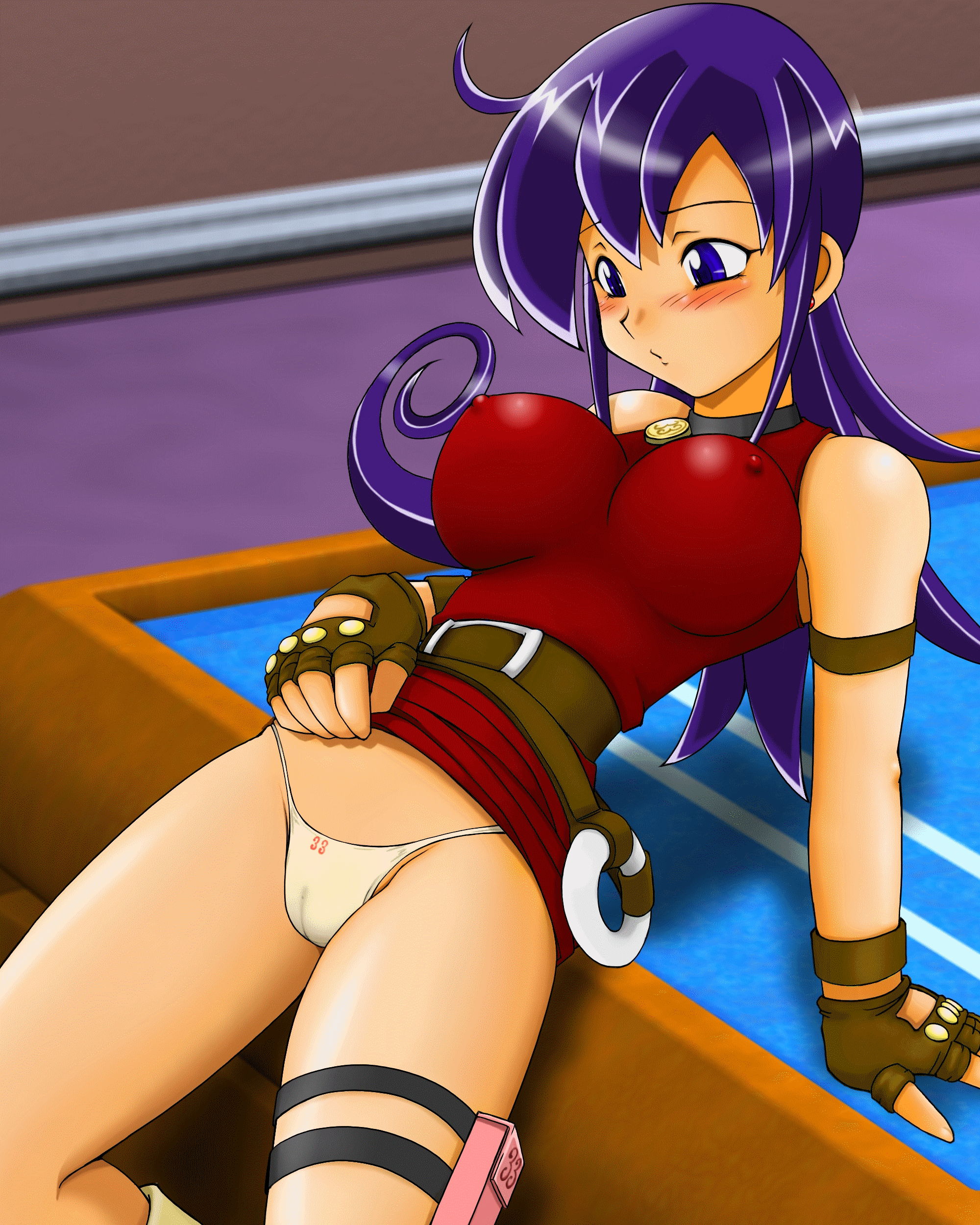 tsumitani daisuke, tasogare mimi, duel masters, absurdres, highres, 1girl, arm support, belt, blush, breasts, cameltoe, clothes lift, covered erect nipples, dress, dress lift, fingerless gloves, gloves, huge breasts, large breasts, long hair, panties, pouch, purple eyes, purple hair, thigh pouch, underwear, white panties