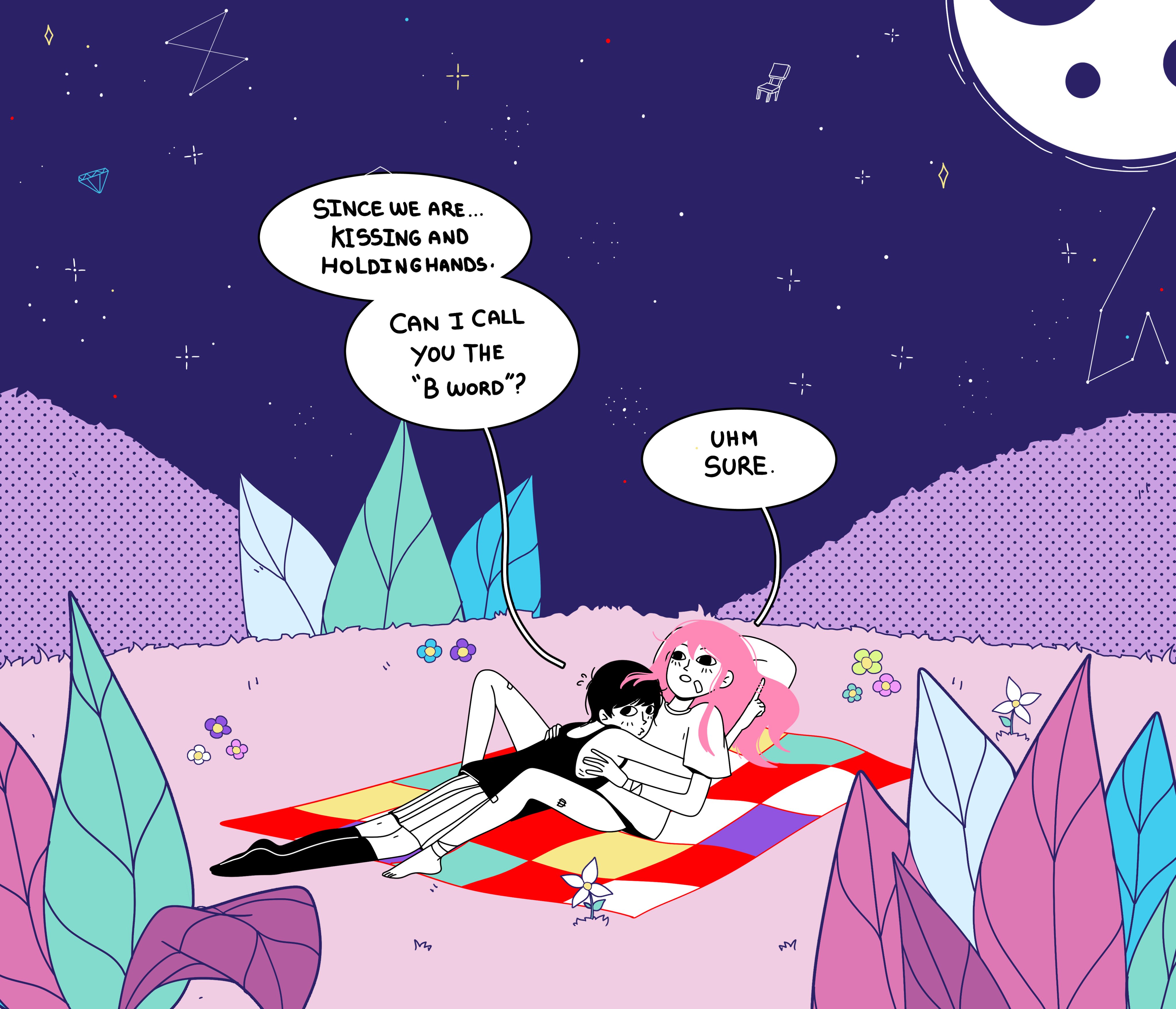 omori, absurdres, highres, 1boy, 1girl, black eyes, black hair, blush, dress, english text, long hair, omoriboy, pink hair, short hair, yzomiris