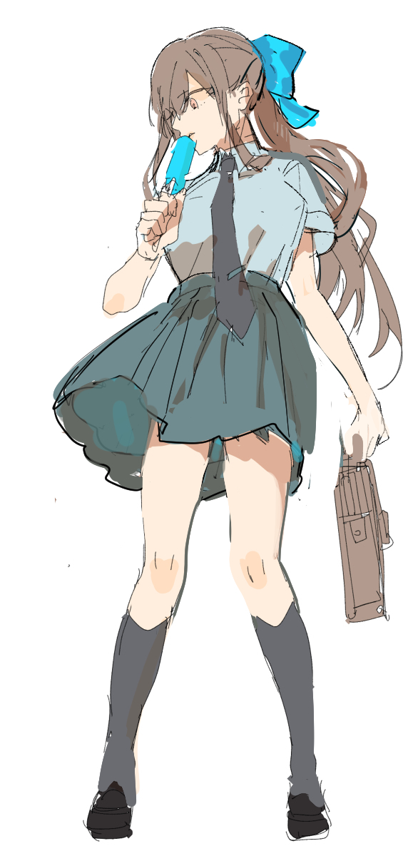 ingenkita, original, commentary request, highres, 1girl, bag, black necktie, black shoes, blue bow, blue shirt, blue skirt, bow, breasts, brown bag, brown eyes, brown hair, collared shirt, eating, food, full body, grey socks, hair bow, hand up, high ponytail, holding, holding bag, holding food, holding popsicle, kneehighs, large breasts, legs apart, long hair, looking to the side, miniskirt, necktie, pleated skirt, ponytail, popsicle, school bag, school uniform, shirt, shoes, short sleeves, sidelocks, simple background, sketch, skirt, socks, solo, standing, tented shirt, white background, wind