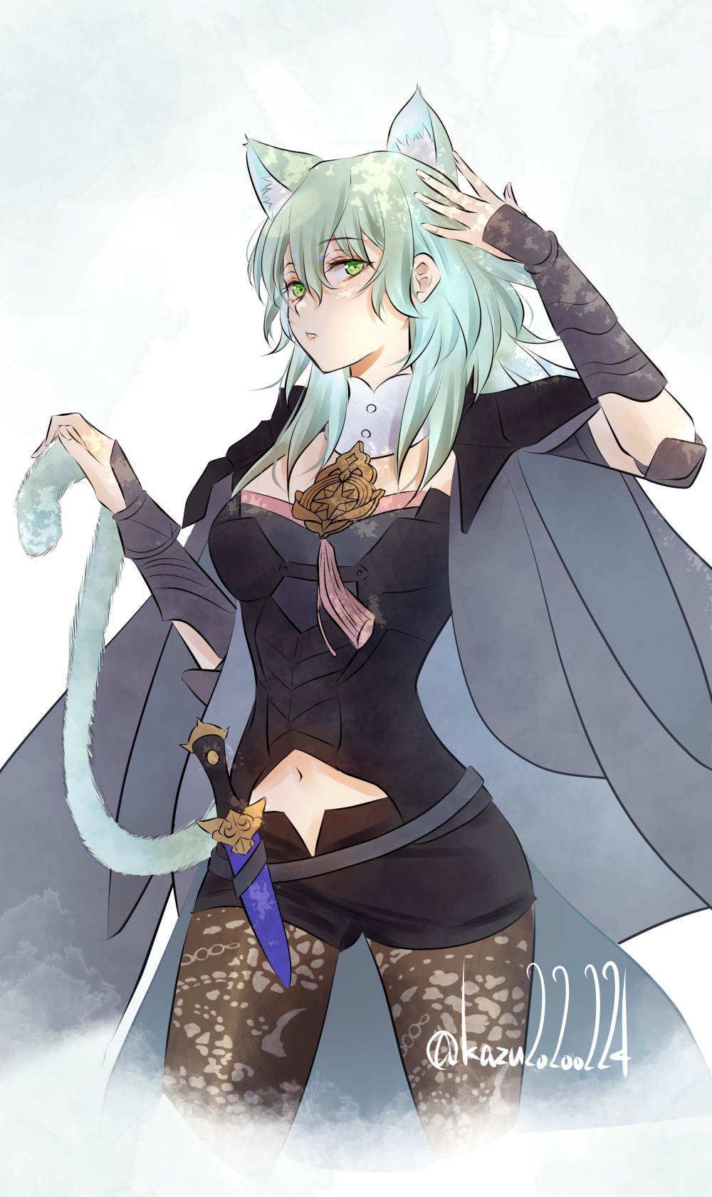 kazu20200224, female byleth (enlightened) (fire emblem), female byleth (fire emblem), fire emblem, fire emblem: three houses, nintendo, commentary request, highres, 1girl, animal ears, armor, black armor, black shorts, breasts, brown pantyhose, cat ears, closed mouth, gluteal fold, green eyes, green hair, hair between eyes, kemonomimi mode, long hair, medium breasts, midriff, navel, pantyhose, shorts, simple background, solo, twitter username, white background