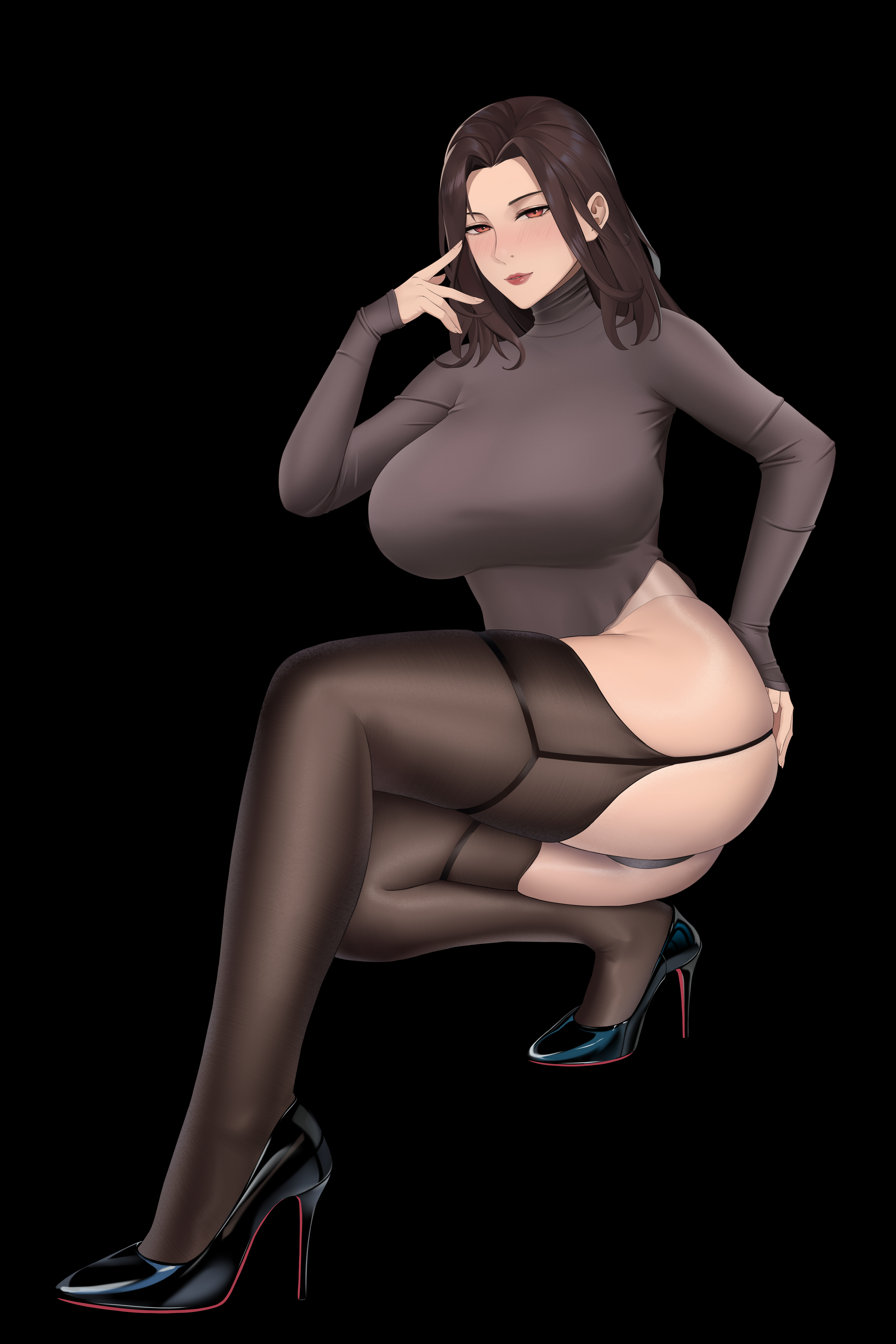 shui xiao, original, absurdres, highres, 1girl, ass, black background, black panties, black shoes, breasts, brown hair, brown pantyhose, brown shirt, brown sleeves, curtained hair, forehead, garter straps, hand on own ass, high heels, huge breasts, legs, long hair, long sleeves, looking at viewer, mature female, nostrils, panties, pantyhose, red eyes, red lips, shirt, shoes, simple background, sleeves past wrists, solo, squatting, taut clothes, taut shirt, thighs, turtleneck, underwear, v-shaped eyebrows