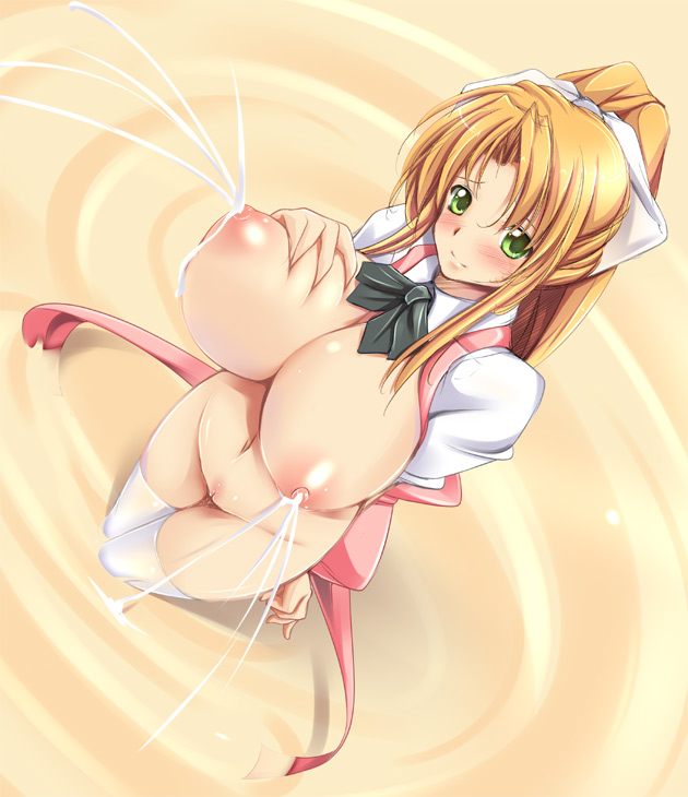 fct, sara da pranzo, sdp, 1girl, blonde hair, blush, bow, breasts, female focus, grabbing another's breast, green eyes, groping, hair bow, huge breasts, lactation, long hair, navel, nipples, no panties, open clothes, open shirt, projectile lactation, pussy, pussy juice, shirt, solo, thighhighs