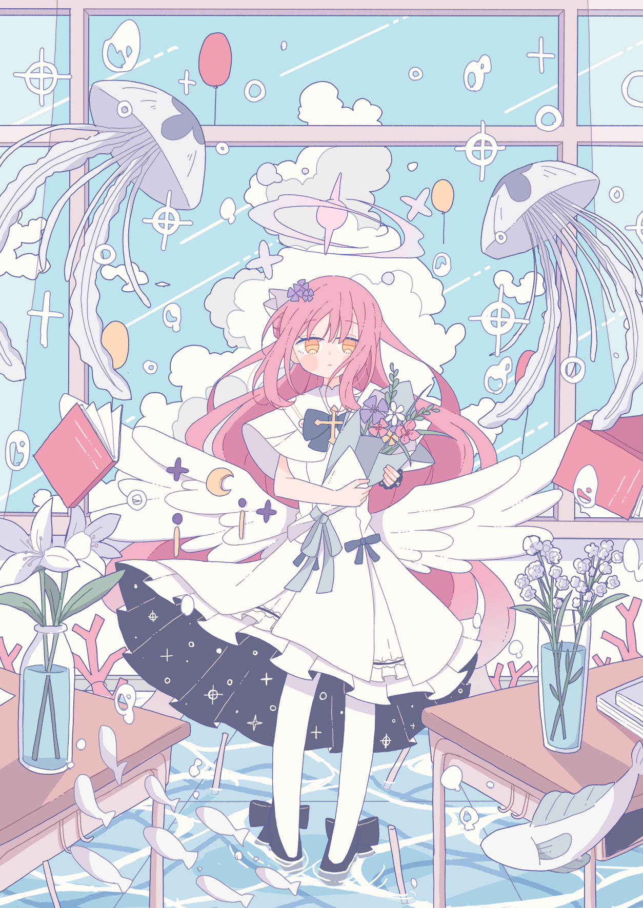 akashia (akasia313), mika (blue archive), blue archive, highres, 1girl, blue sky, blush stickers, bouquet, classroom, closed mouth, cloud, cloudy sky, dress, feathered wings, fish, flower, halo, holding, holding bouquet, jellyfish, long hair, pink hair, pink halo, sky, solo, standing, straight-on, table, water, white dress, white wings, wings, yellow eyes