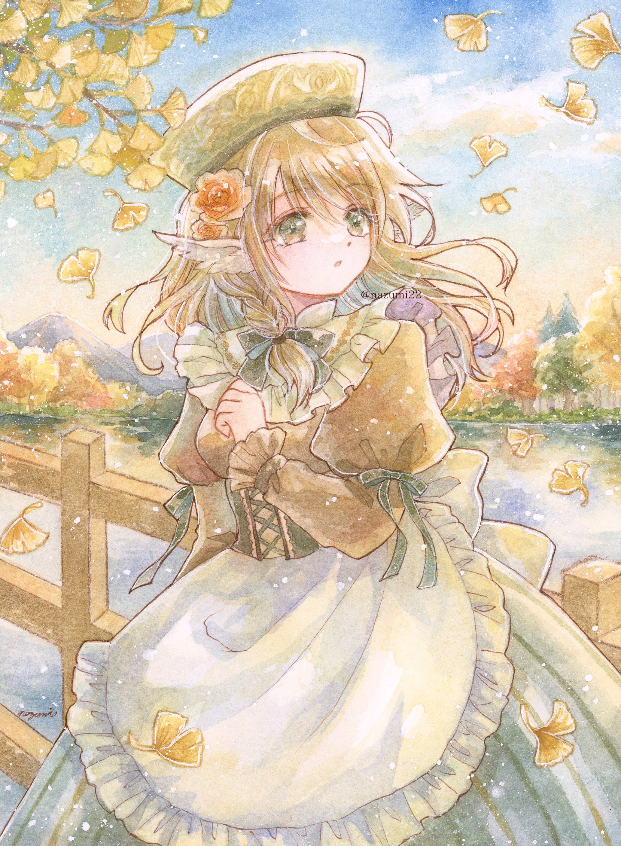 nazumi shiho, original, absurdres, highres, 1girl, apron, autumn leaves, blue sky, blush, bow, brown hair, cloud, corset, dress, fence, flower, green eyes, hair flower, hair ornament, hat, lake, leaf, long hair, long sleeves, outdoors, parted lips, pointy ears, sky, solo, tree, waist apron, water, white apron