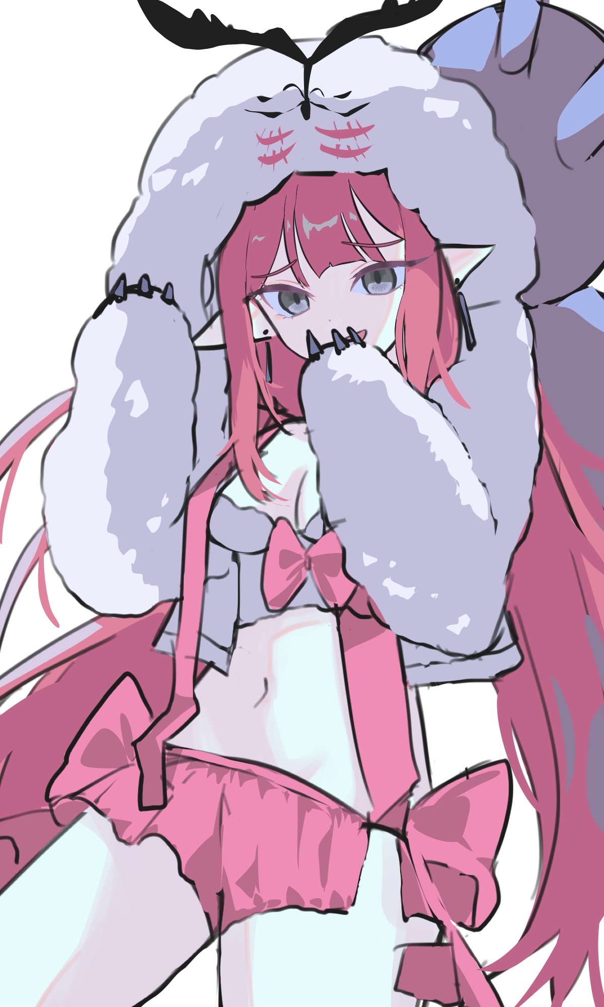 1smyow, baobhan sith (fate), baobhan sith (swimsuit pretender) (first ascension) (fate), cernunnos (fate), fate/grand order, fate (series), highres, 1girl, breasts, earrings, grey eyes, hood, hoodie, jewelry, long hair, looking at viewer, medium breasts, navel, open mouth, pointy ears, red eyes, swimsuit