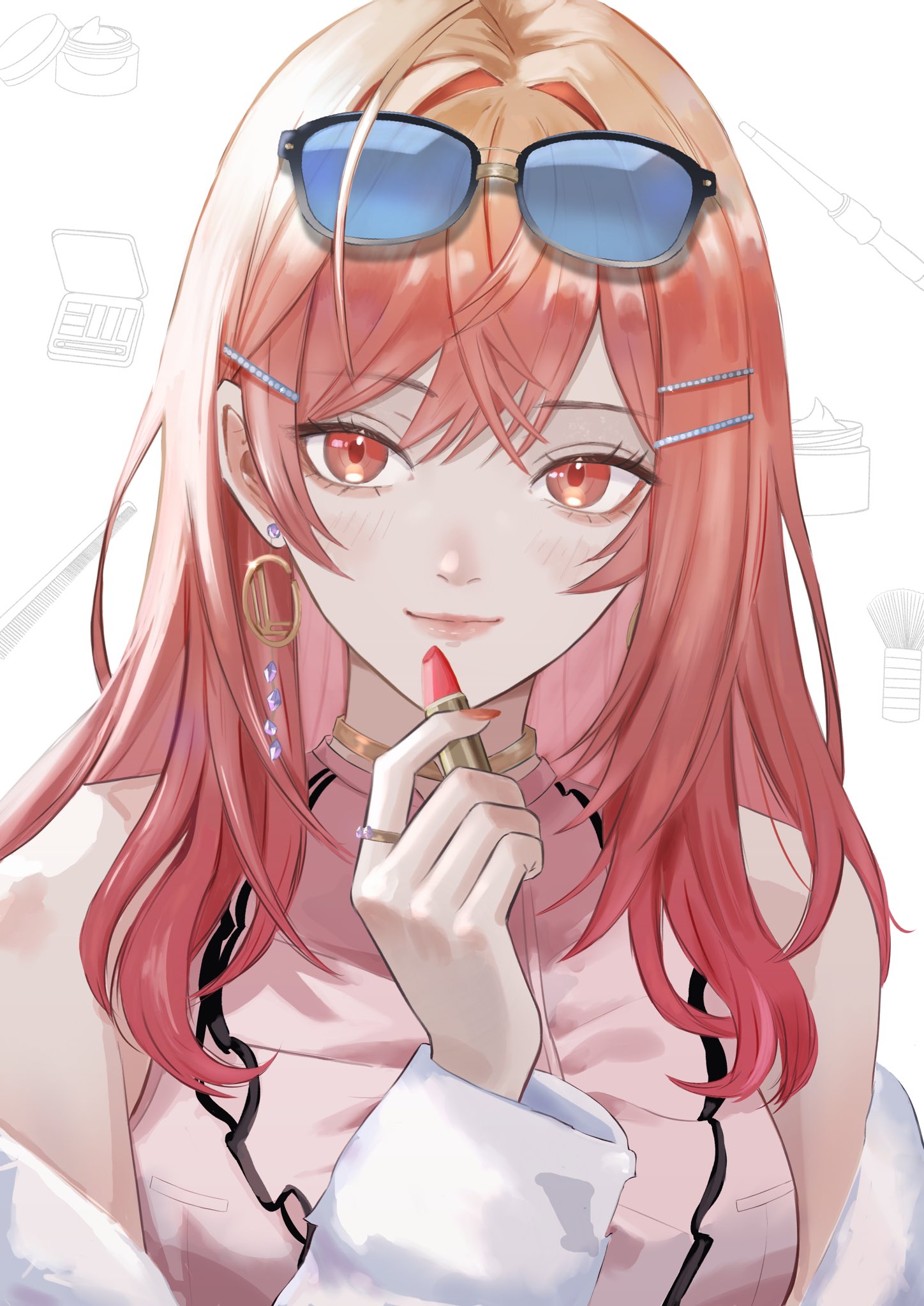 dhbwinner, ichijou ririka, hololive, hololive dev is, highres, 1girl, bare shoulders, breasts, cosmetics, eyewear on head, holding, holding lipstick tube, large breasts, lipstick, lipstick tube, long hair, makeup, pink hair, pink shirt, shirt, simple background, solo, sunglasses, upper body, virtual youtuber, white background