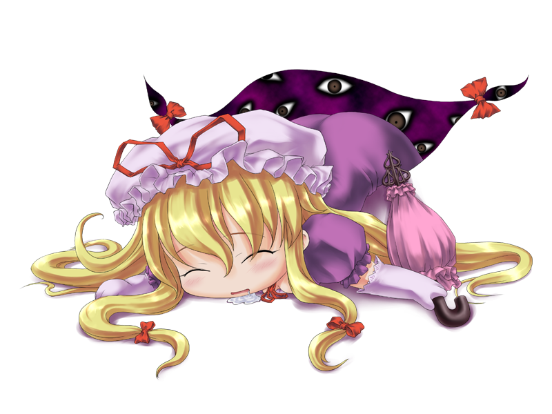 neko shiki (artist), yakumo yukari, touhou, 1girl, blonde hair, chibi, elbow gloves, female focus, gap (touhou), gloves, hair ribbon, hat, long hair, ribbon, saliva, sleeping, solo, transparent background, umbrella