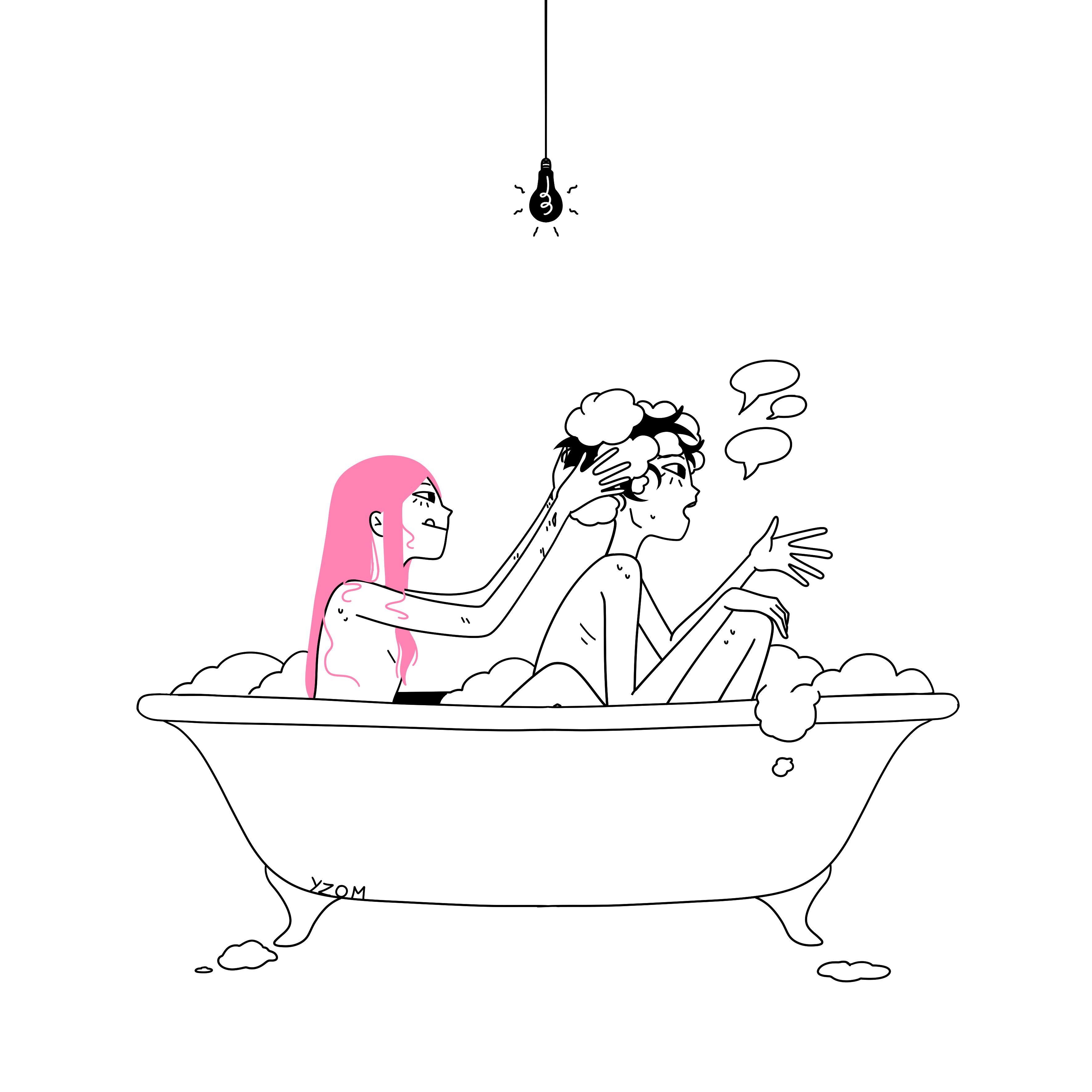 aubrey (omori), omori, absurdres, highres, 1boy, 1girl, black eyes, black hair, blush, long hair, omoriboy, pink hair, short hair, simple background, washing hair, white background, yzomiris