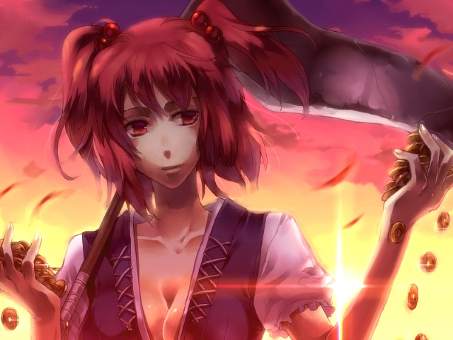 sunakumo, onozuka komachi, touhou, 1girl, coin, female focus, money, red eyes, red hair, scythe, short hair, solo, sunset, two side up
