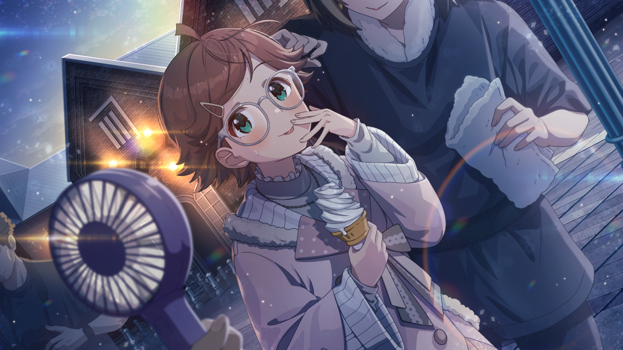 kinoshita hinata, idolmaster, idolmaster million live!, idolmaster million live! theater days, game cg, official art, brown hair, building, electric fan, fur trim, glasses, green eyes, holding, ice cream cone, jewelry, necklace, tongue, tongue out, towel