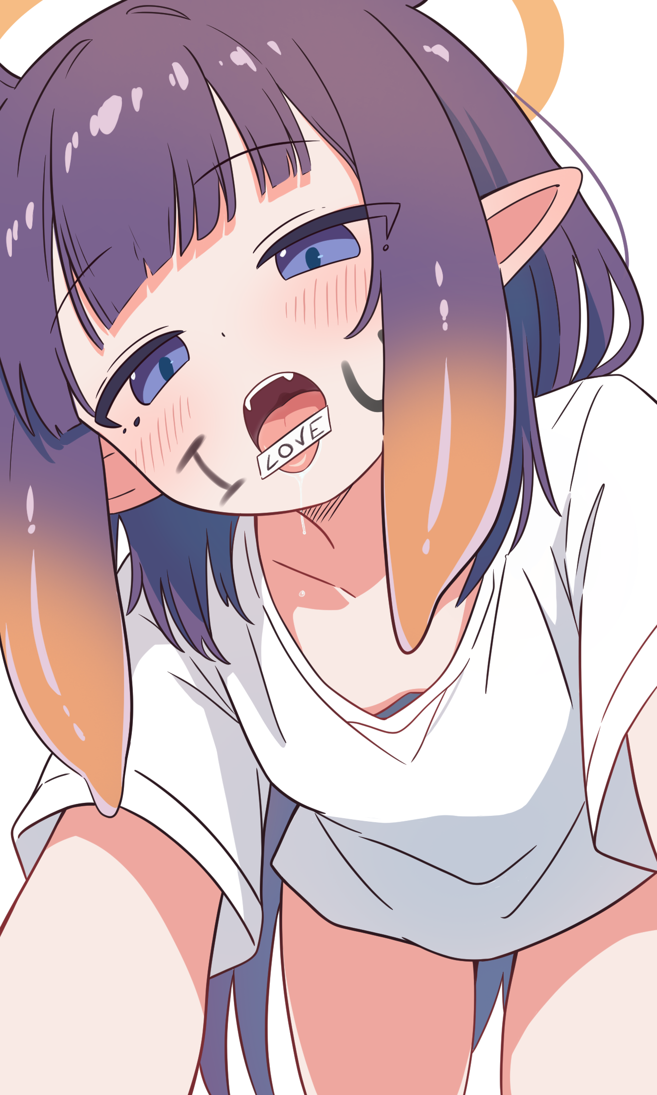 noire neige, ninomae ina'nis, hololive, hololive english, highres, 1girl, all fours, blunt bangs, blush, collarbone, elf, fangs, flat chest, gradient hair, halo, leaning forward, looking at viewer, multicolored hair, open mouth, orange hair, pointy ears, purple eyes, purple hair, shirt, simple background, solo, teeth, tentacle hair, thigh gap, thighs, tongue, tongue out, upper teeth only, white background, white shirt