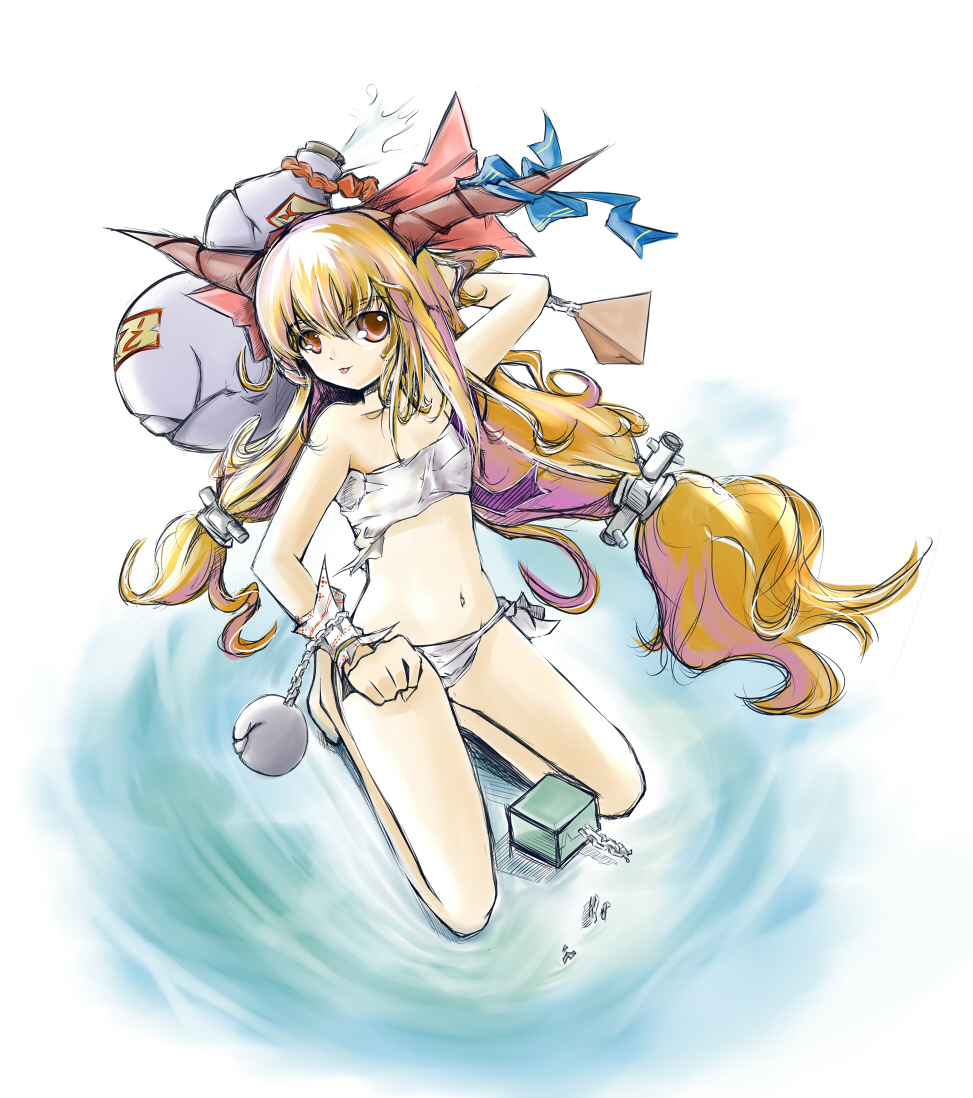 baraen, ibuki suika, touhou, bad id, bad pixiv id, 1girl, :p, brown hair, chest sarashi, female focus, gourd, horn ornament, horn ribbon, horns, long hair, looking at viewer, orange hair, panties, red eyes, ribbon, sarashi, solo, tongue, tongue out, underwear, underwear only, wrist cuffs